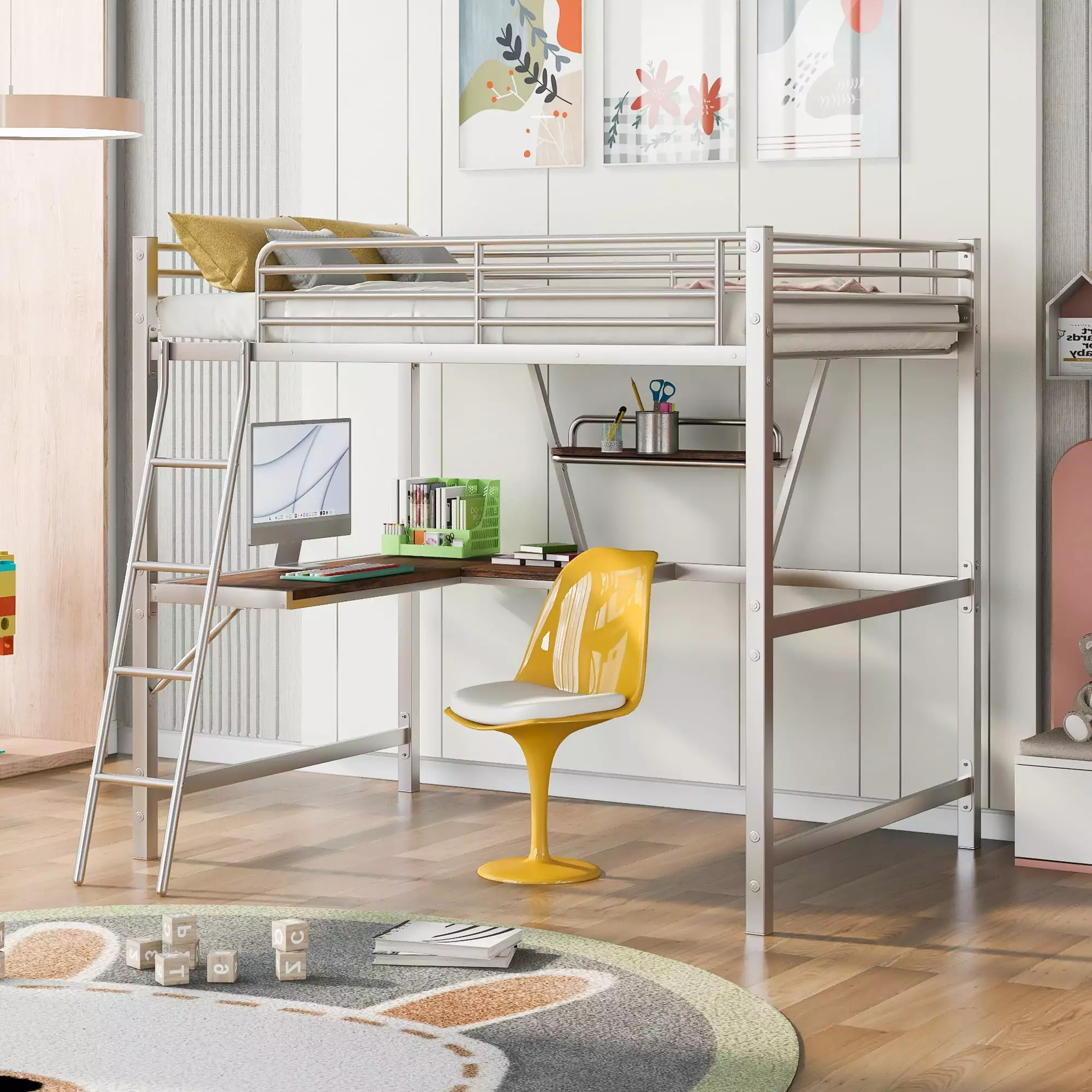Euroco Metal Full Size Loft Bed Desk Kids Silver No Box Spring Needed
