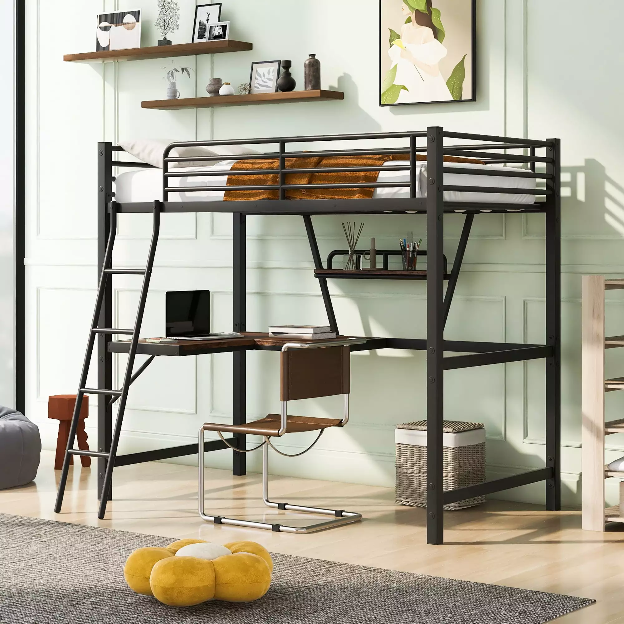 Euroco Metal Loft Bed Desk and Shelf Kids Black No Box Spring Needed