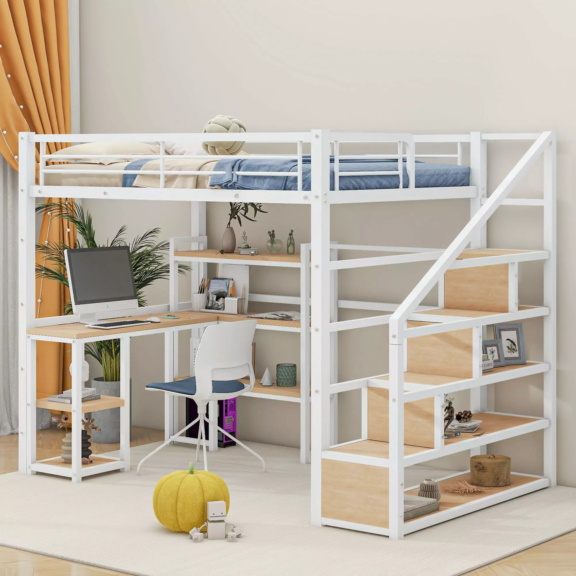 Euroco Metal Twin Loft Bed Desk and Bookcase Shelf Storage Staircase Kids Teens Adults