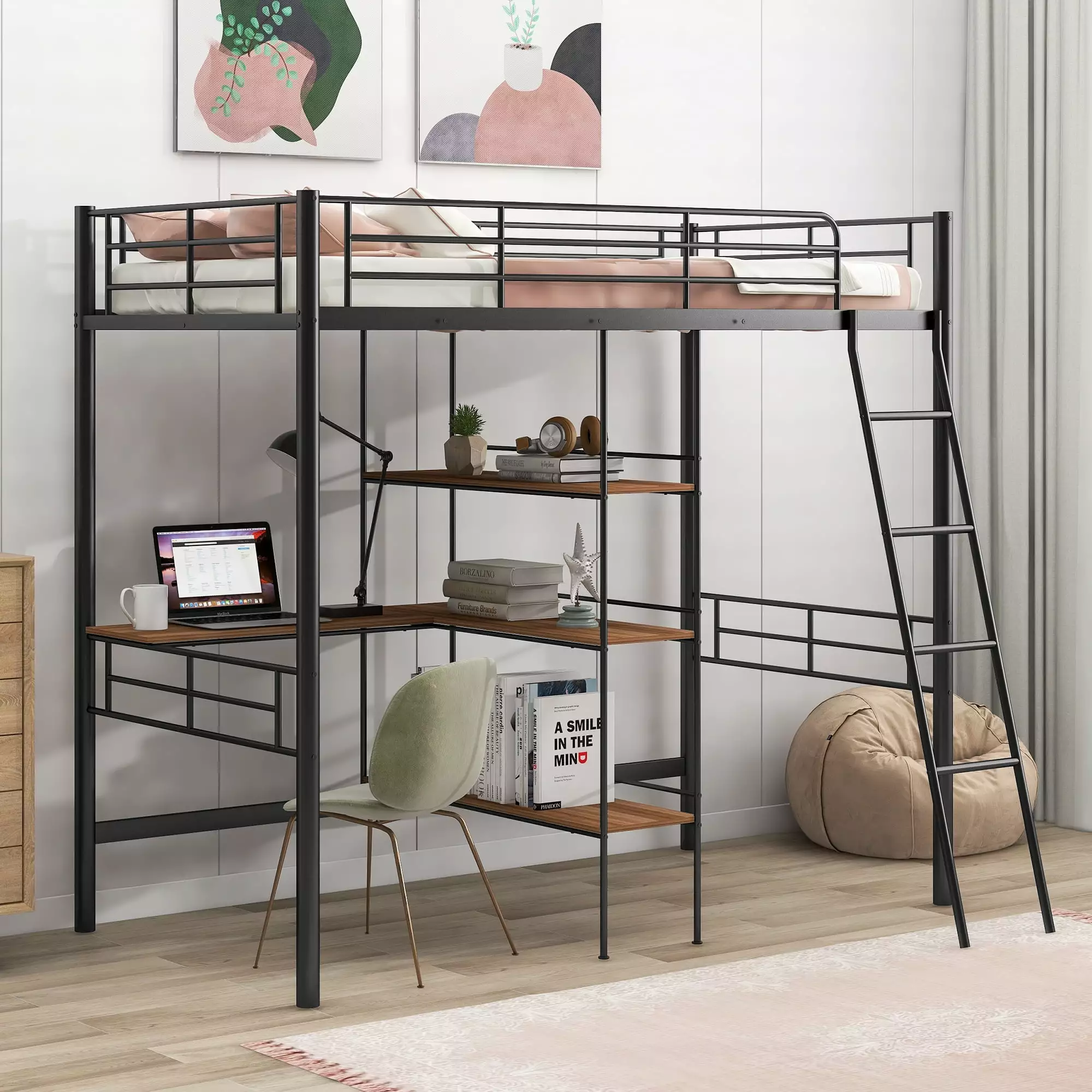 EUROCO Metal Twin Loft Bed Desk Child Black