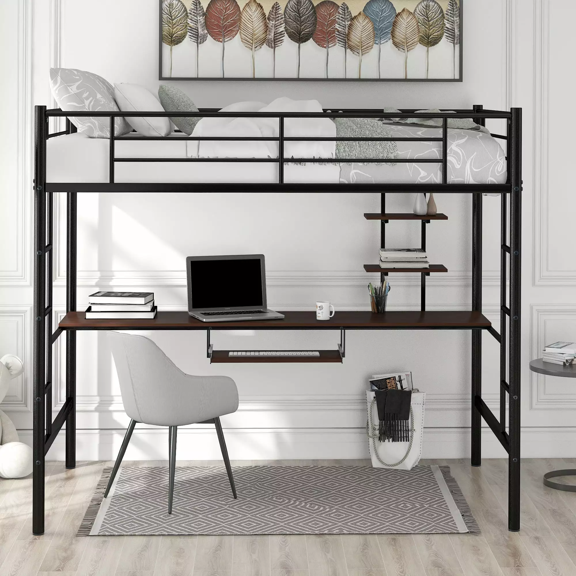 Euroco Metal Twin Size Loft Bed Desk and Shelf Kids Black