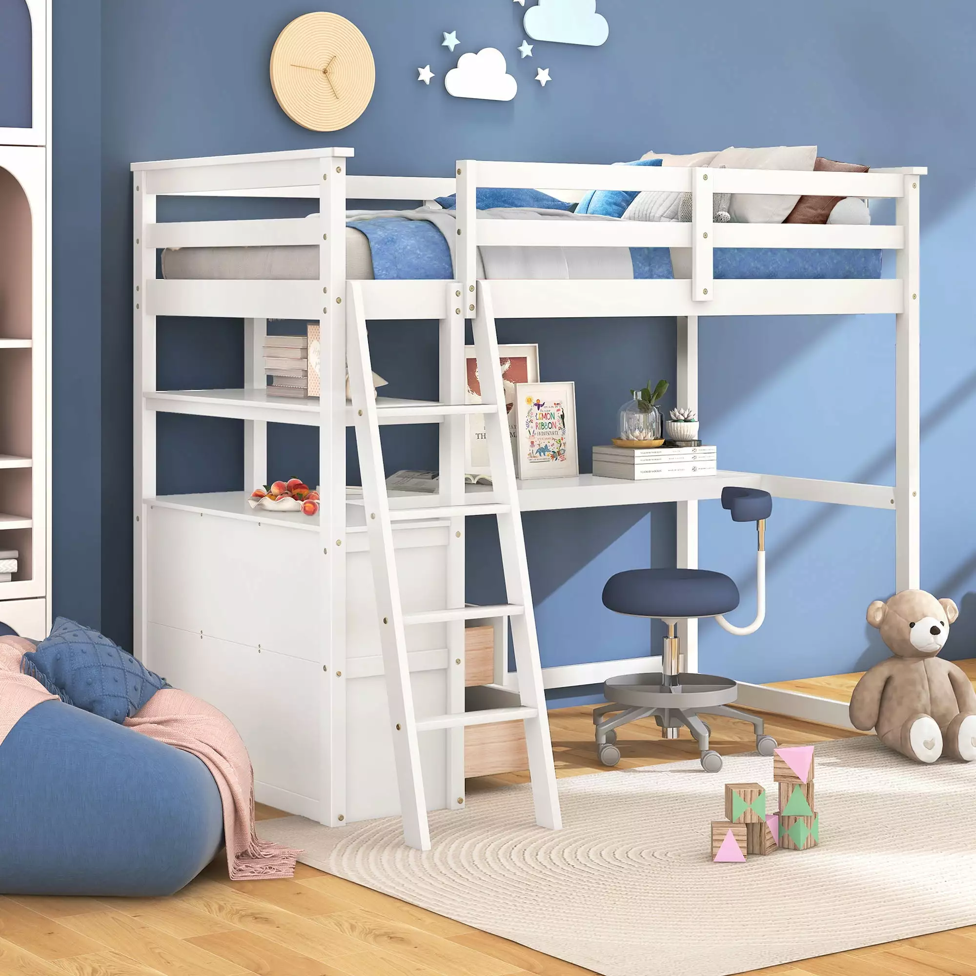 Euroco Twin Loft Bed Desk Child White Finish
