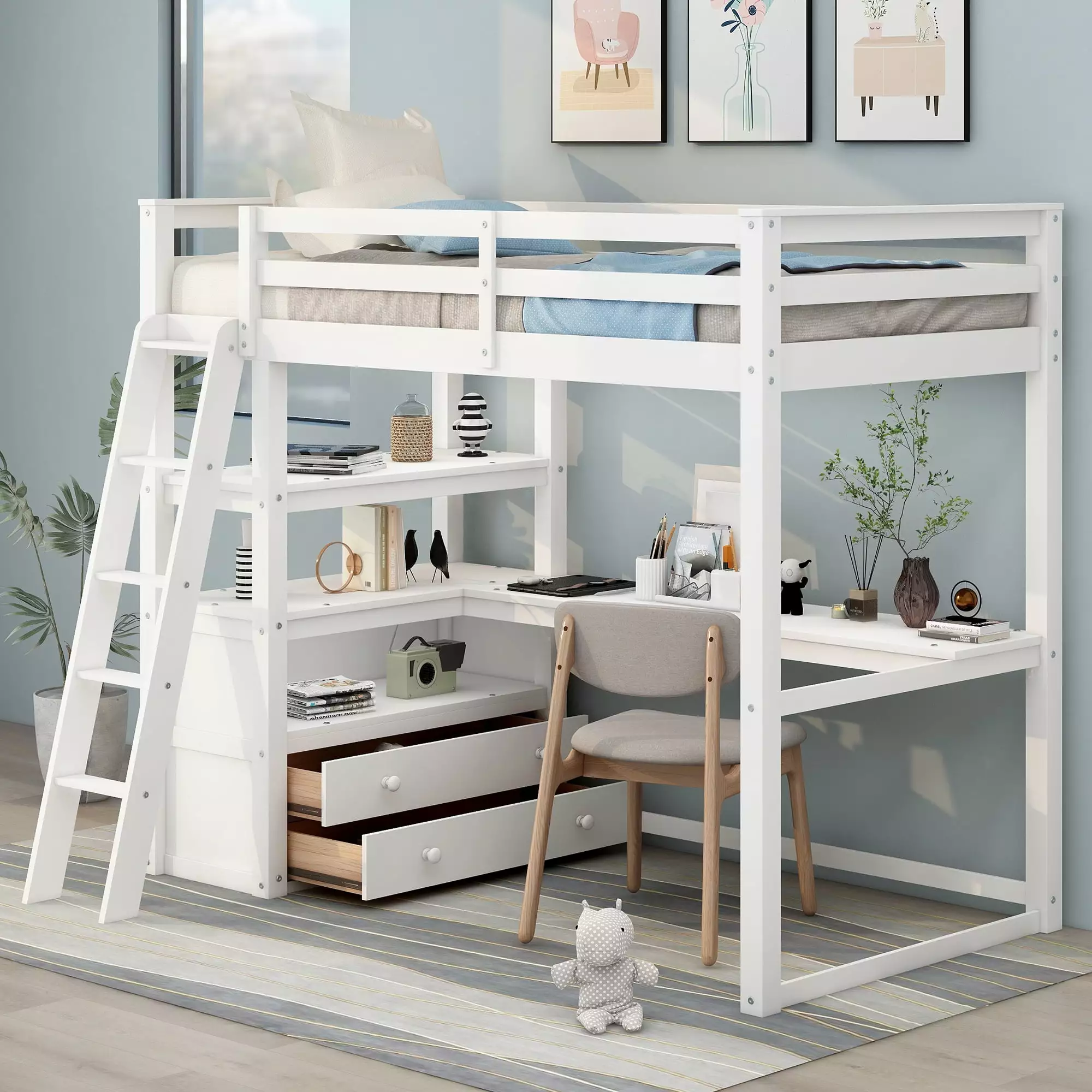 EUROCO Twin Size Loft Bed Desk and Shelf Kids White Space Saving Study Loft Bed