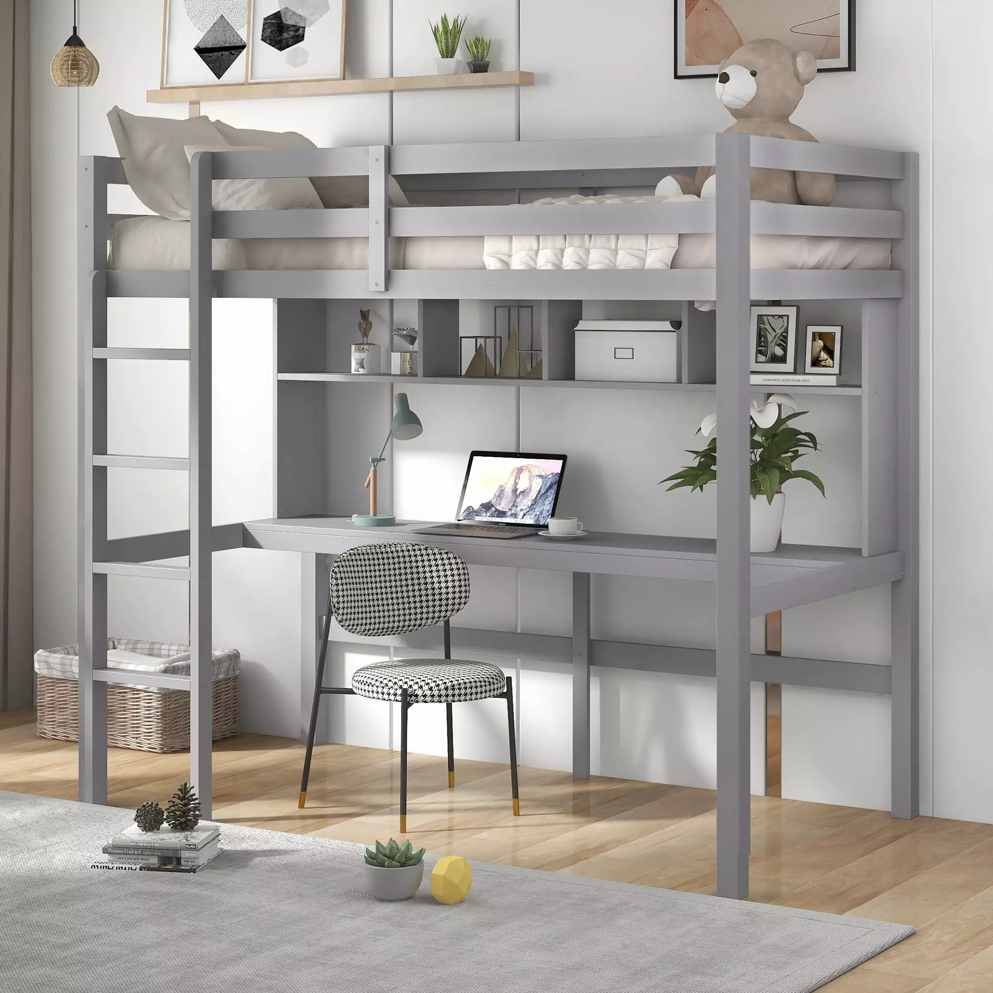 Euroco Wood Twin Size Loft Bed Desk and Shelves Kids Room Solid Bed Underbed Storage Gray