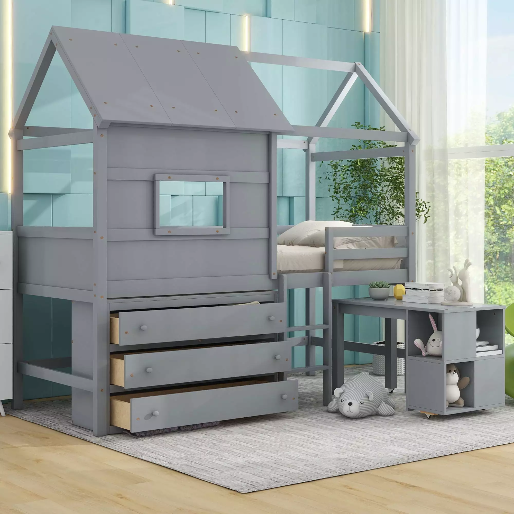Euroco Wood Twin Size Loft Bed Movable Desk Storage Shelf and Drawers Low Profile Loft Bed Gray