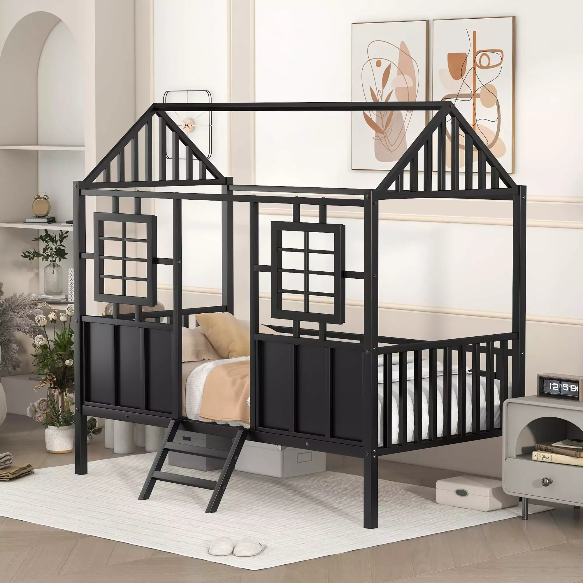 Metal Twin Low Loft Bed Houtilize-Shaped Roof and Window Kids Black Euroco