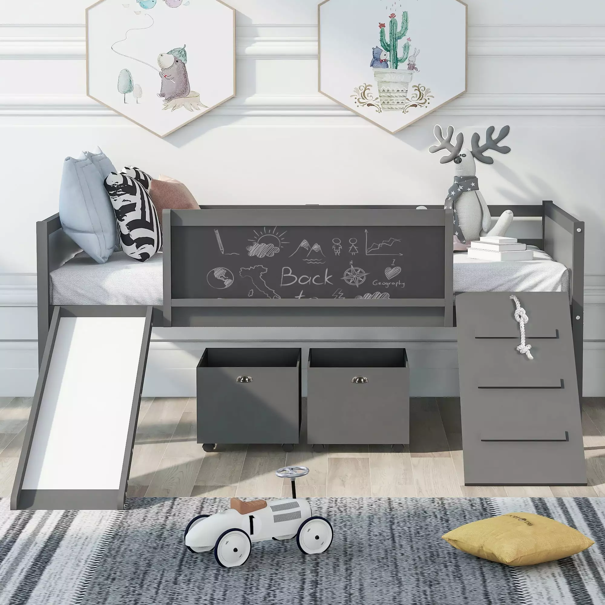 Gewnee Twin Size Wood Loft Bed Slide Climbing Frame Two Movable Drawers and Chalkboard Kids Gray