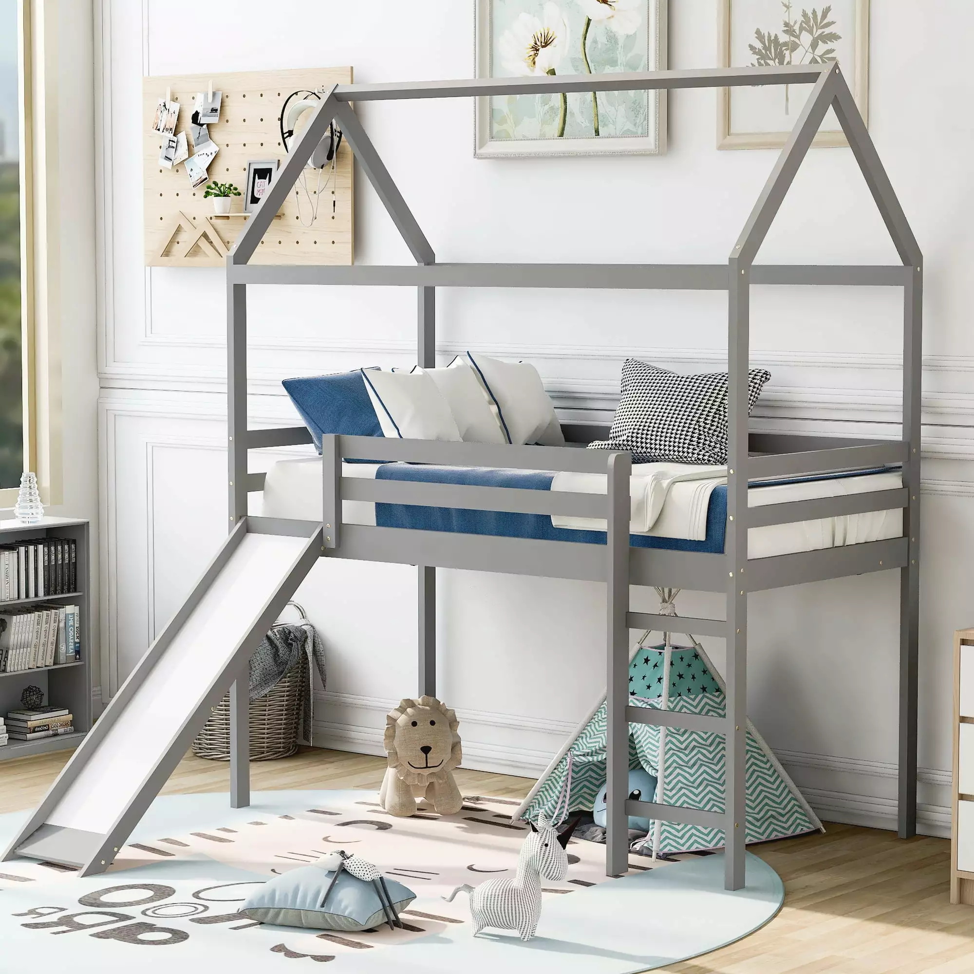 Gewnee Wood Twin Size Loft Bed Kids Slide and Ladder Gray