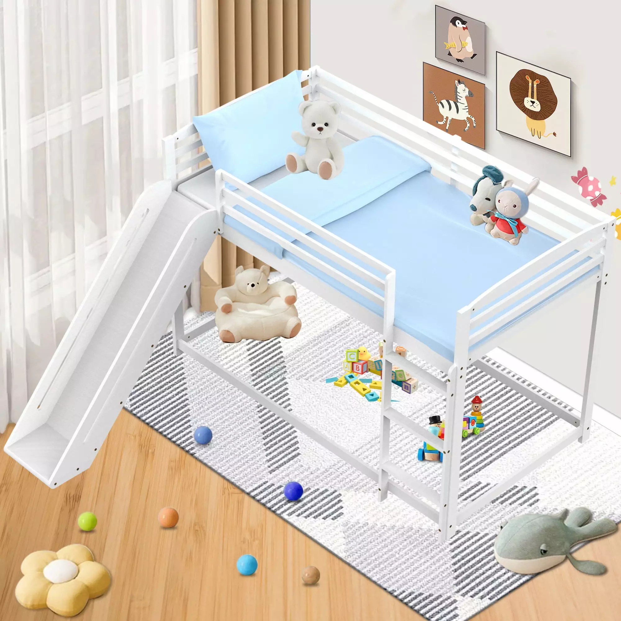 Homata Twin Loft Bed Slide - Low Profile Kids Bed Frame Ladder and Safety Rails White