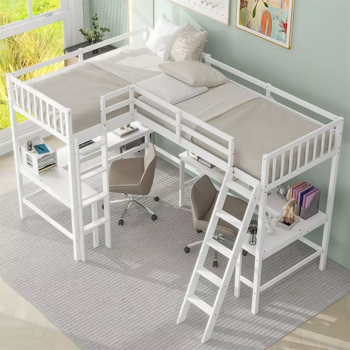 Twin Size Loft Bed 2 L-Shaped Loft Bed Ladder Kids Teens Boys Girls 2 Built- Desks HOMIQUEEN