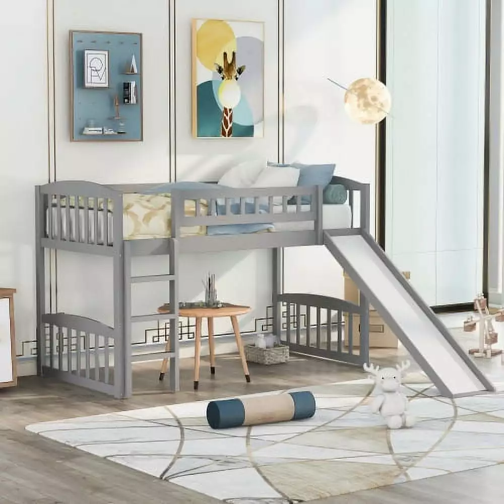 Twin Size Loft Bed Kids Reversible Slide - Gray Space-Saving Loft Bed Frame Protectty Rail INCLAKE