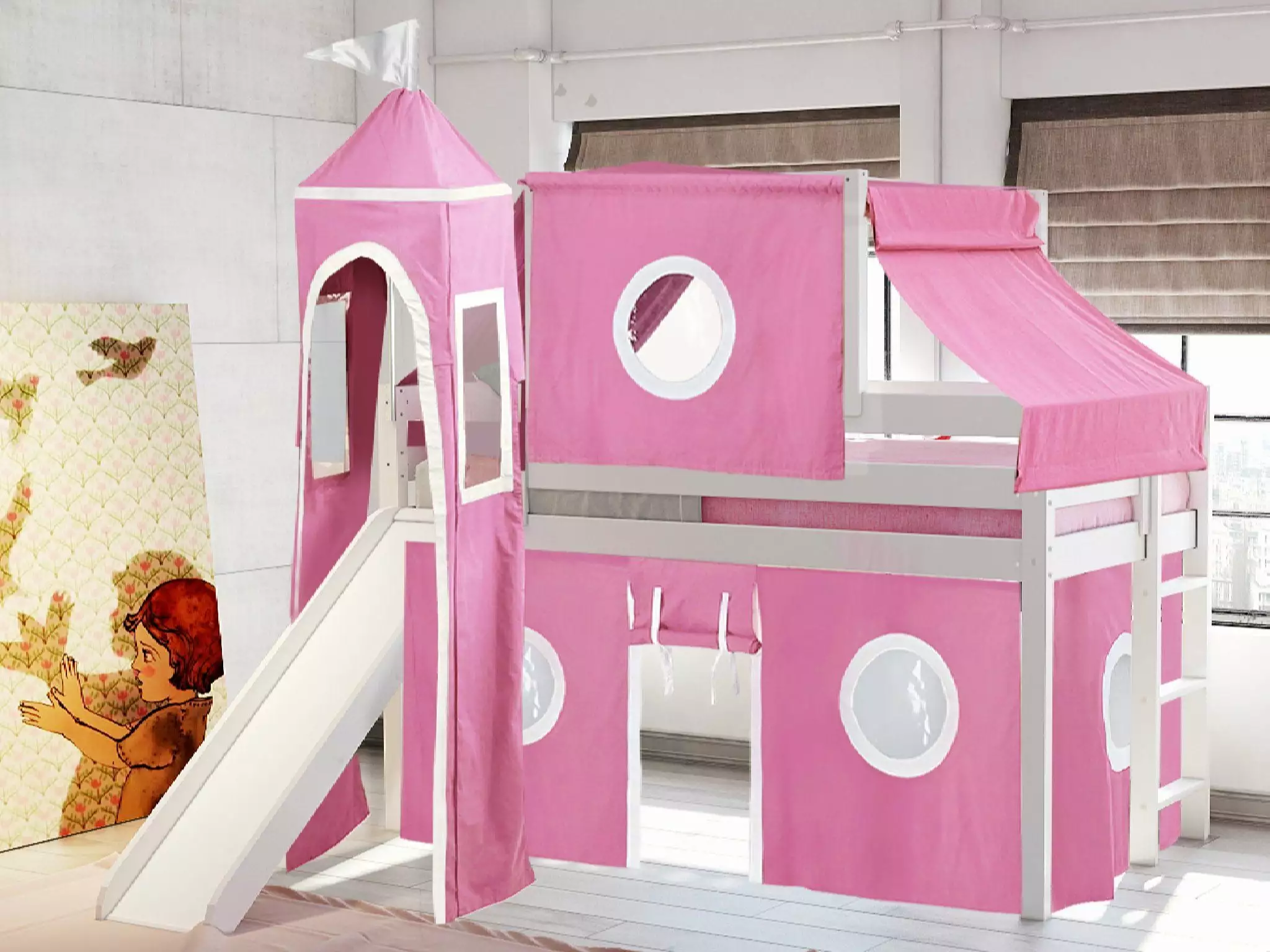 Jackpot Princess Low Loft Bed Slide Pink & White Tent and Tower - Twin Size White Kids Loft Bed Jackpot kids