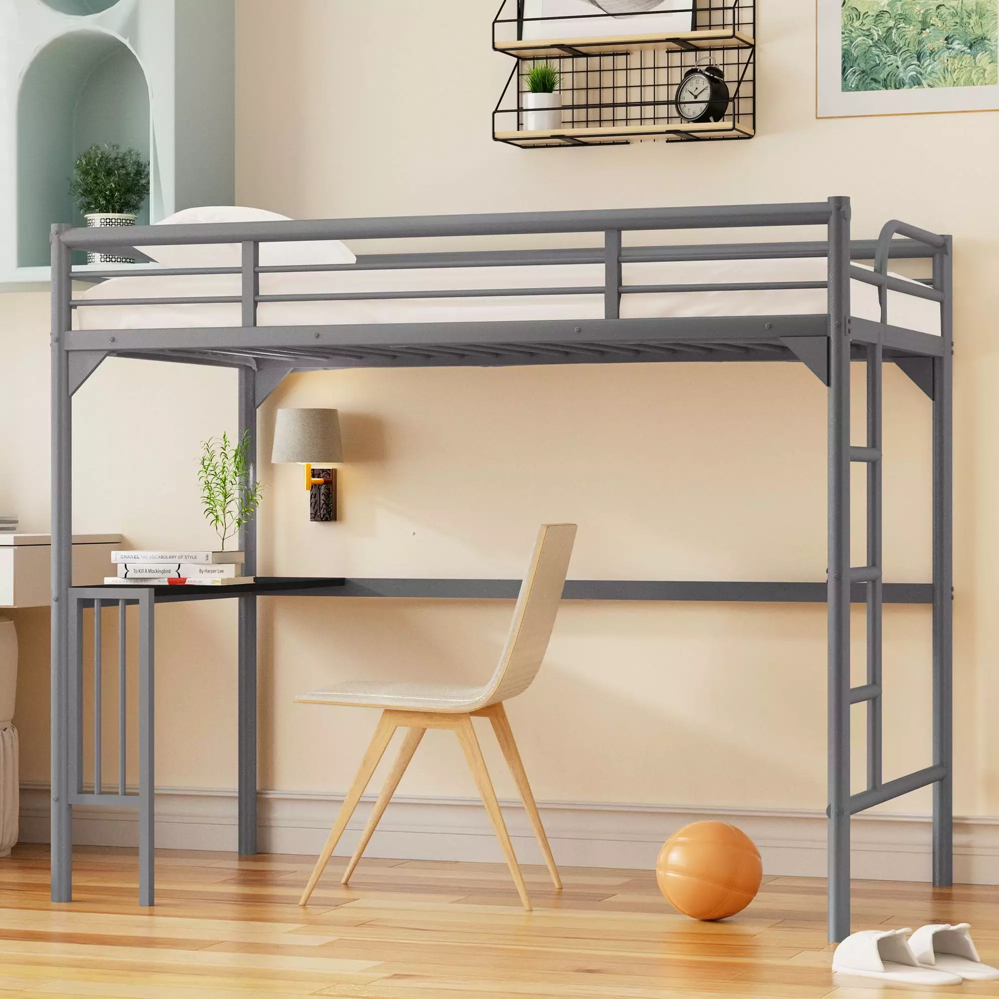 Metal Loft Bed Desk Twin Size Space Saving Bed Frame Kids Boys Girls Silver JINS & VICO
