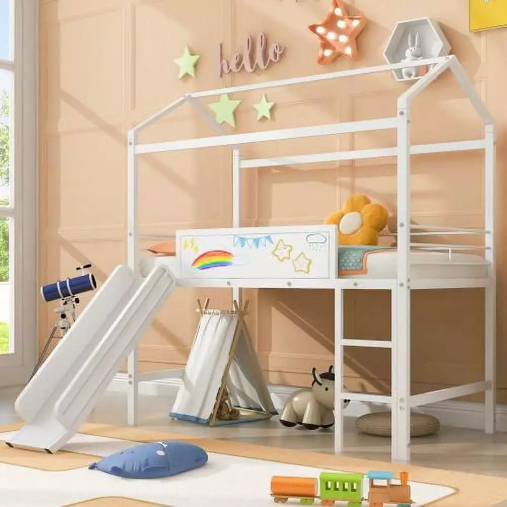 Twin Size Houtilize Loft Bed Slide Metal Loft Bed Frame Guardrails and Built- Ladder Kids Playhoutilize Loft Bed Writing B...