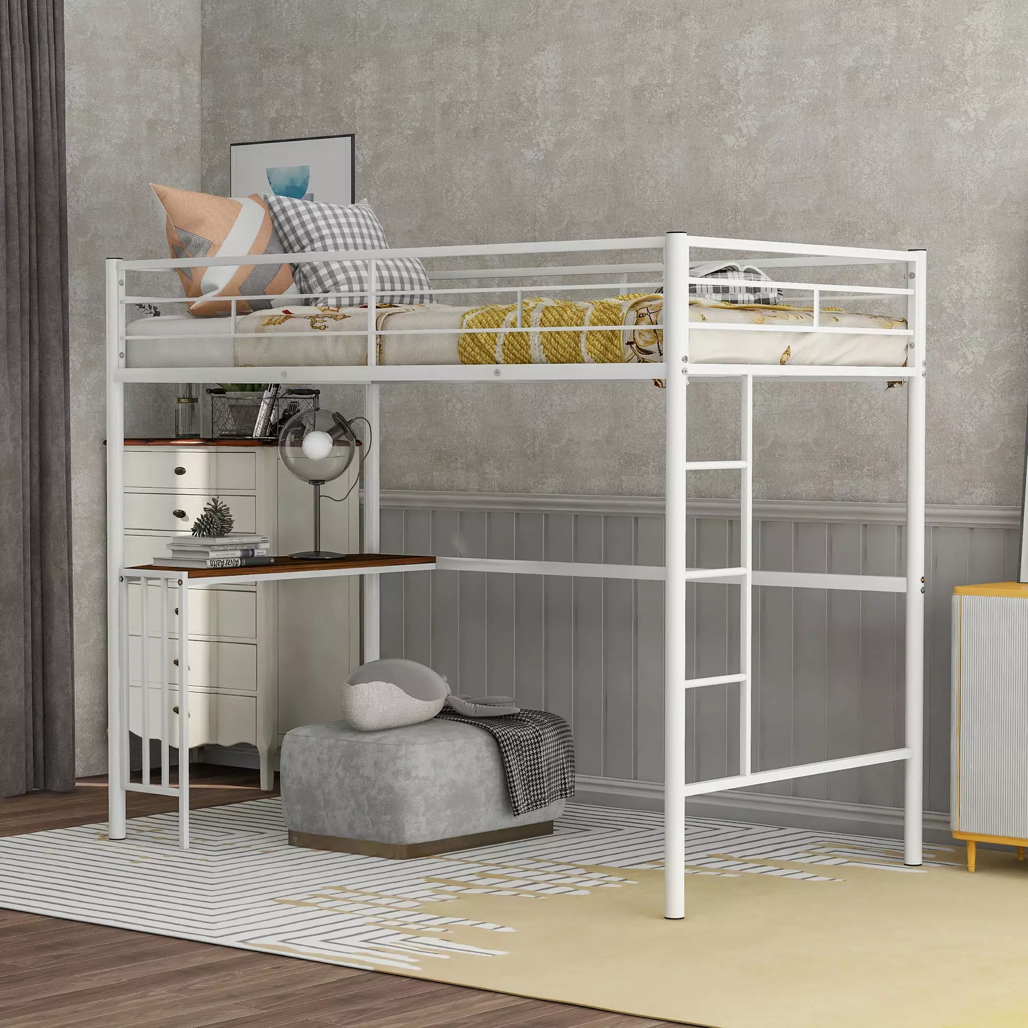 Kacho Twin Loft Bed Desk Loft Bed Kids Teens Metal Twin Loft Bed Frame Full-Length Guardrail Ladder Perfect Bedroom Dorm N...