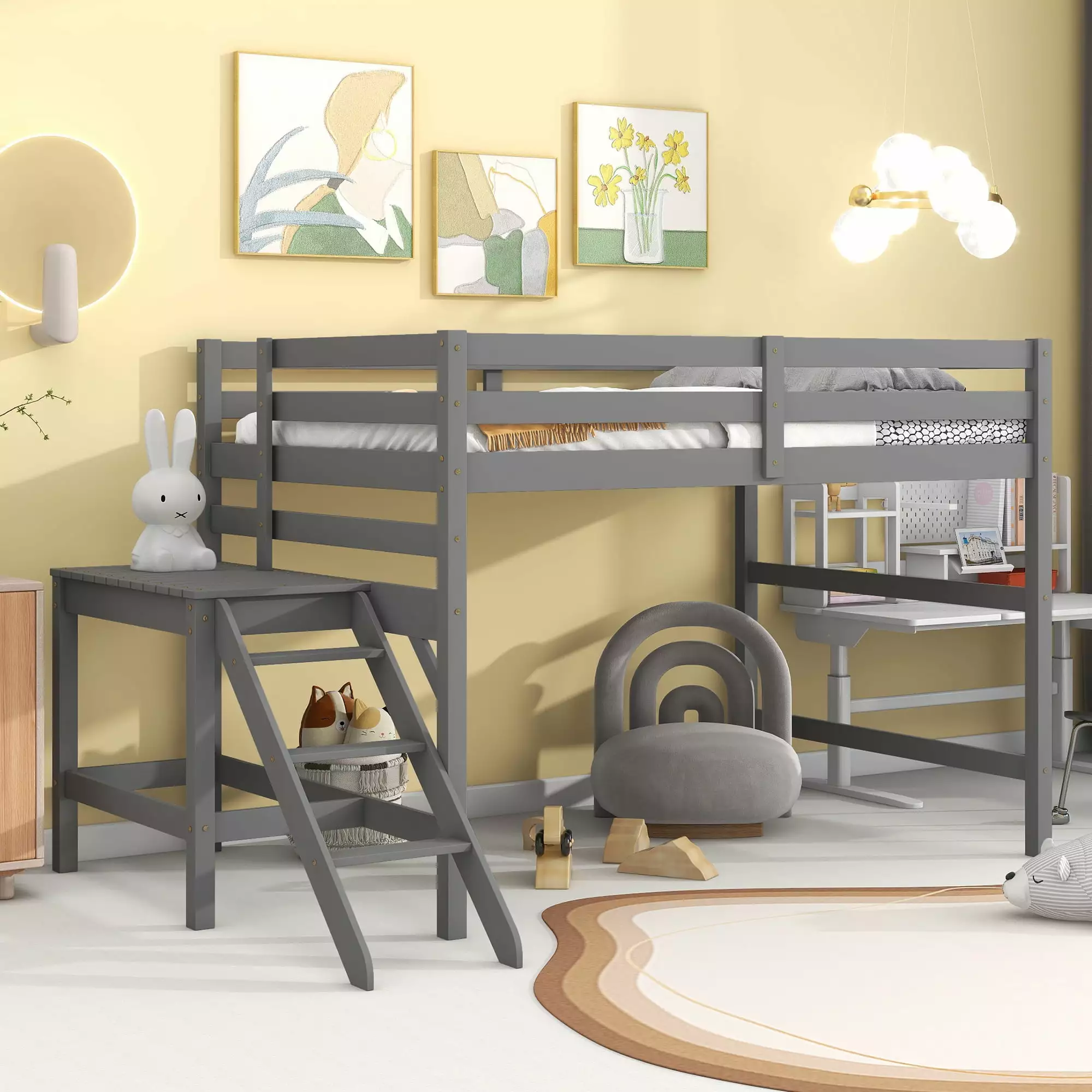 Legahome Full Wood Loft Bed Platform Ladder and 14 Wooden Slats Space Saving Loft Bed Boys Girls Gray