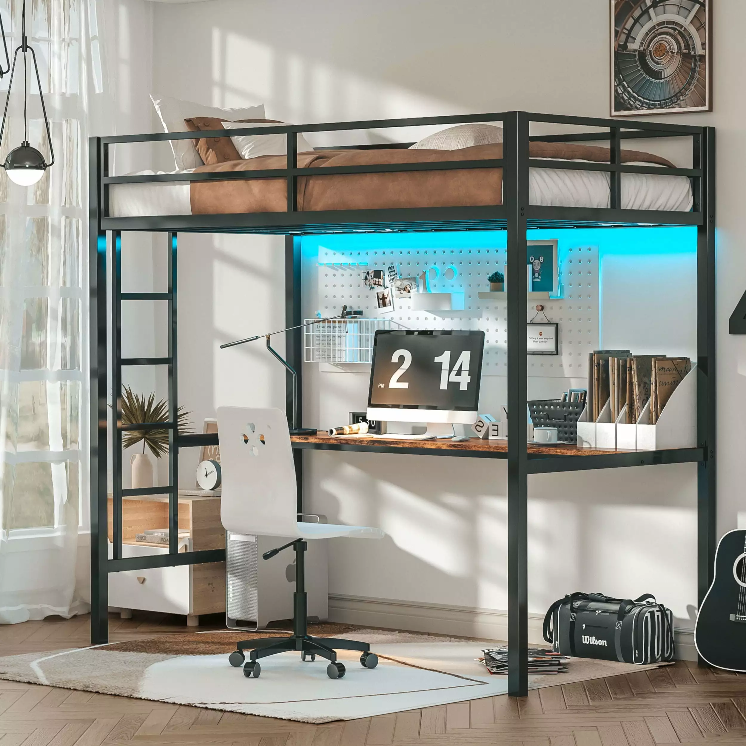LIKIMIO Loft Bed Twin Size Desk Power Outlet and LED Lighted Noise Free Black