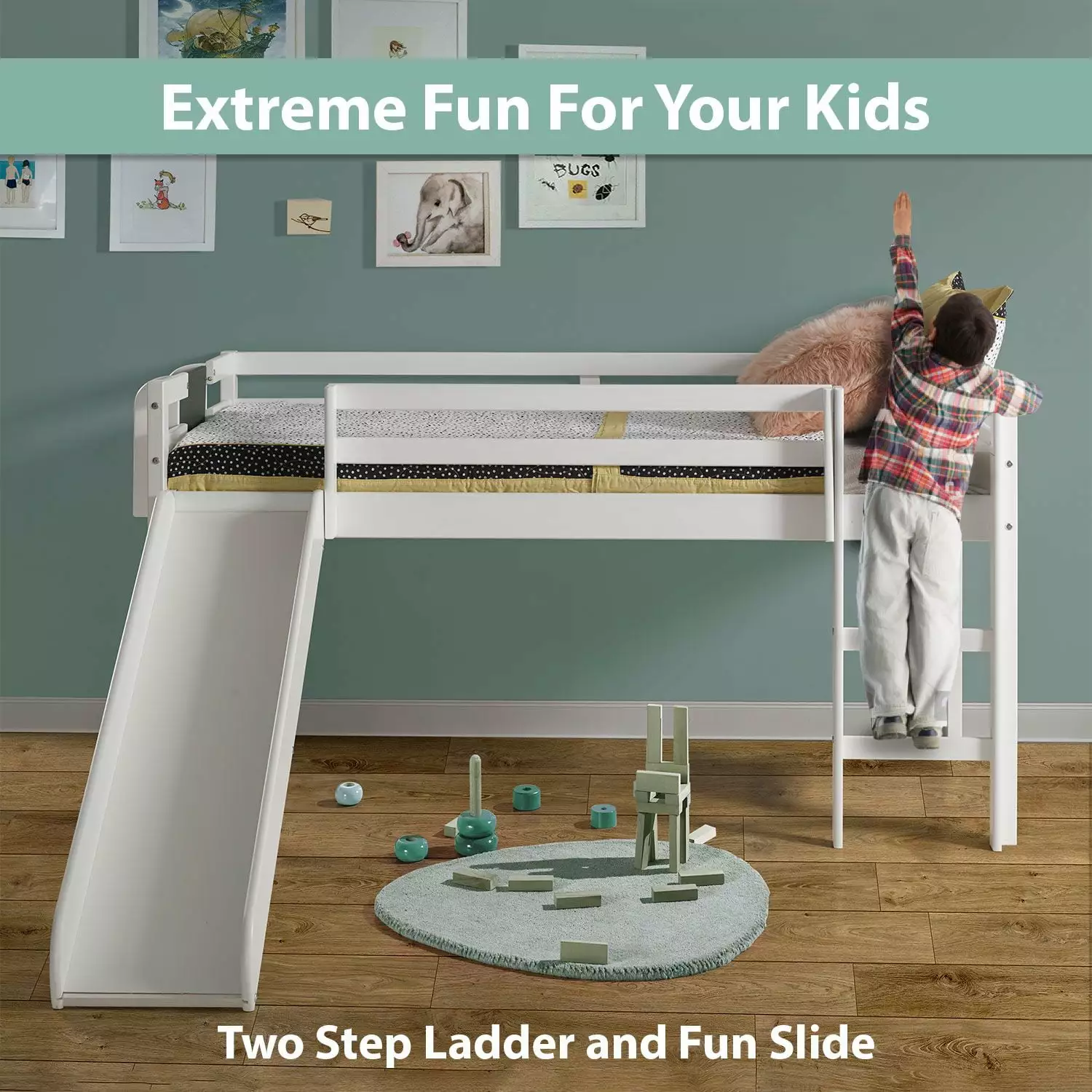 Cindy Kids Loft Bed Slide Twin Loft Bed Slide Loft Bed Chalkboard Pine Wood Space Saving Bed Frame White Naomi Home