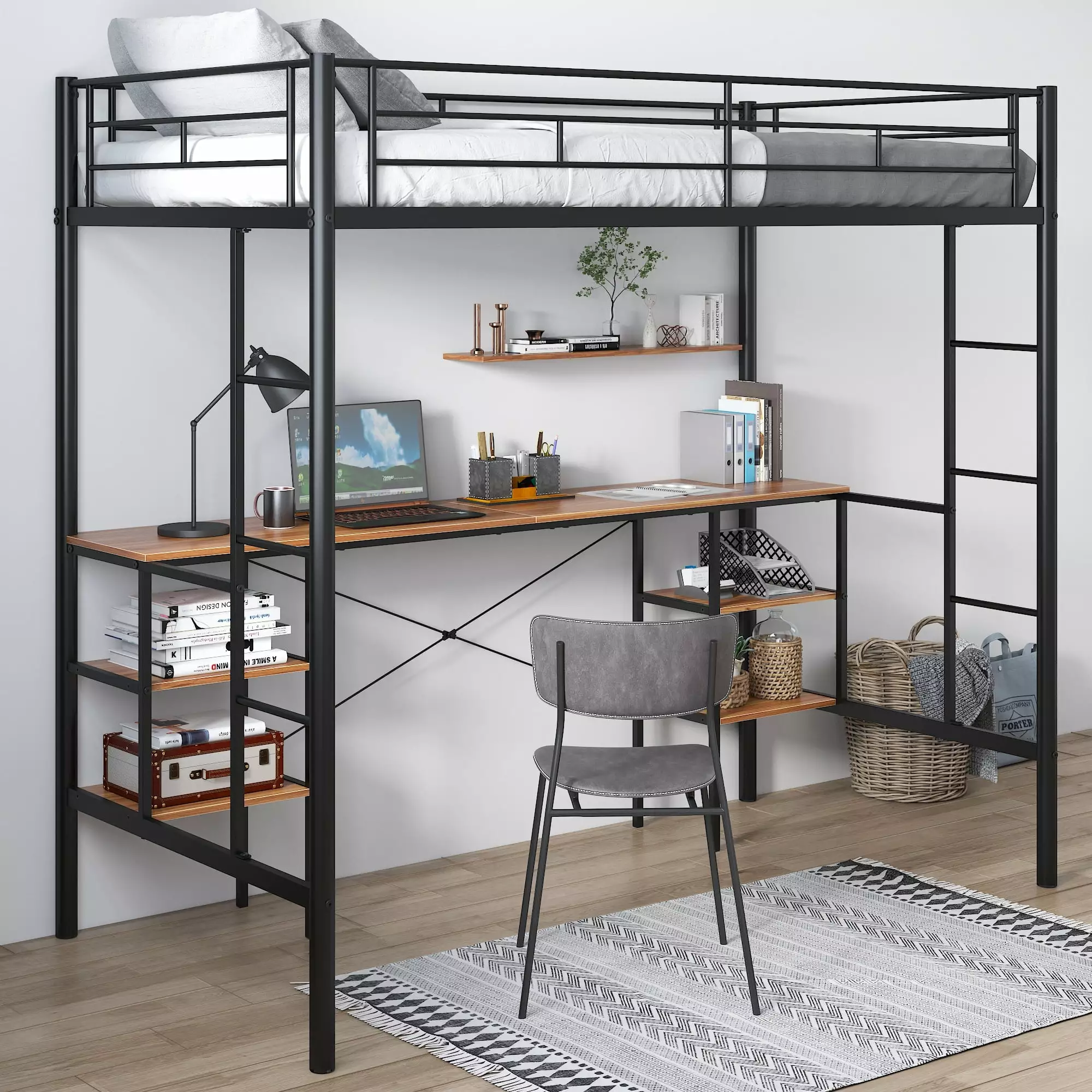 Loft Beds Desk Twin Size 2 Slides Stairs Full-Length Guardrail 4 Storage Shelves Heavy Duty Metal Kids Teens Bedroom Syngar