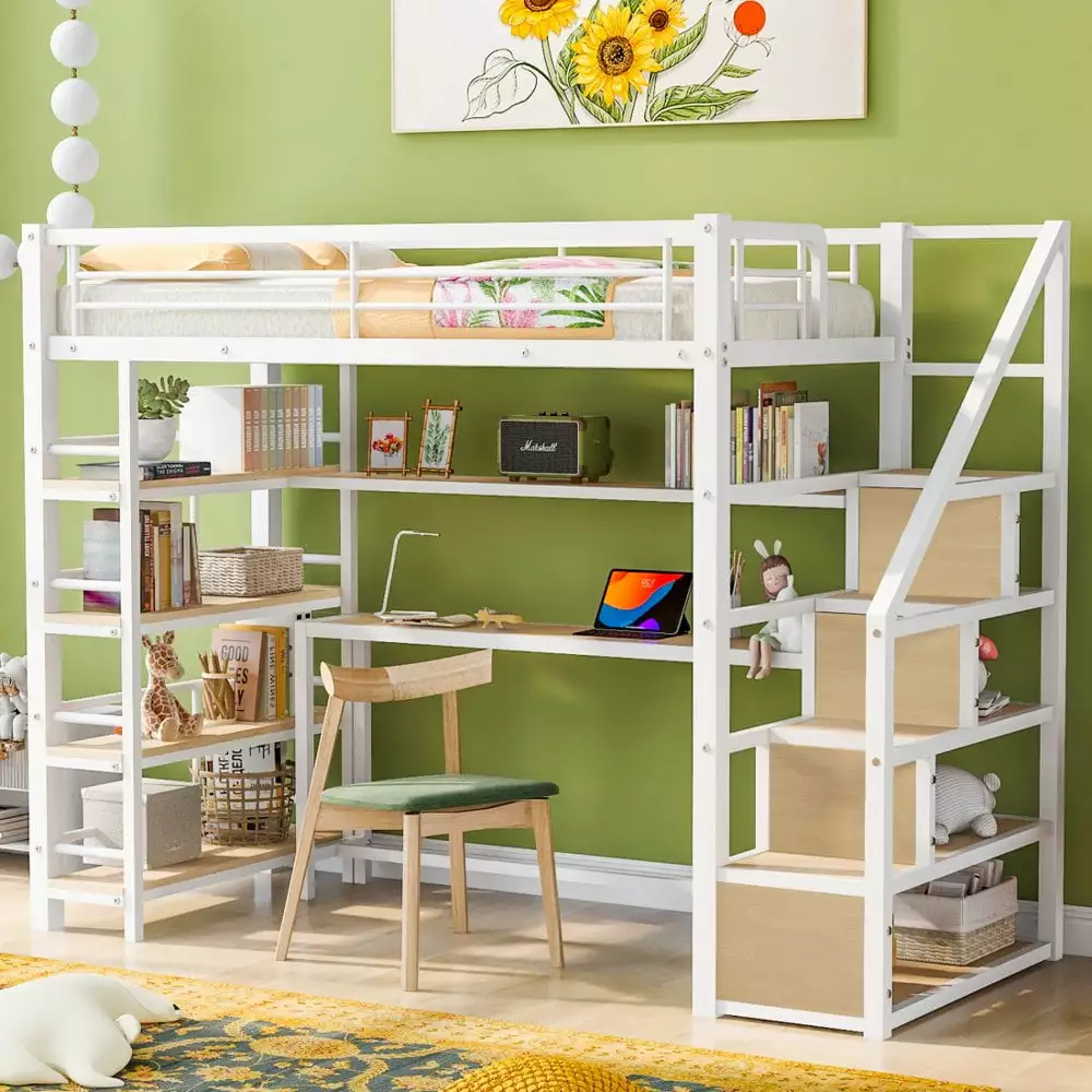 Tcbosik Metal Loft Bed Twin Size Desk 4-Tier Shelf and Storage Staircase White and Oak