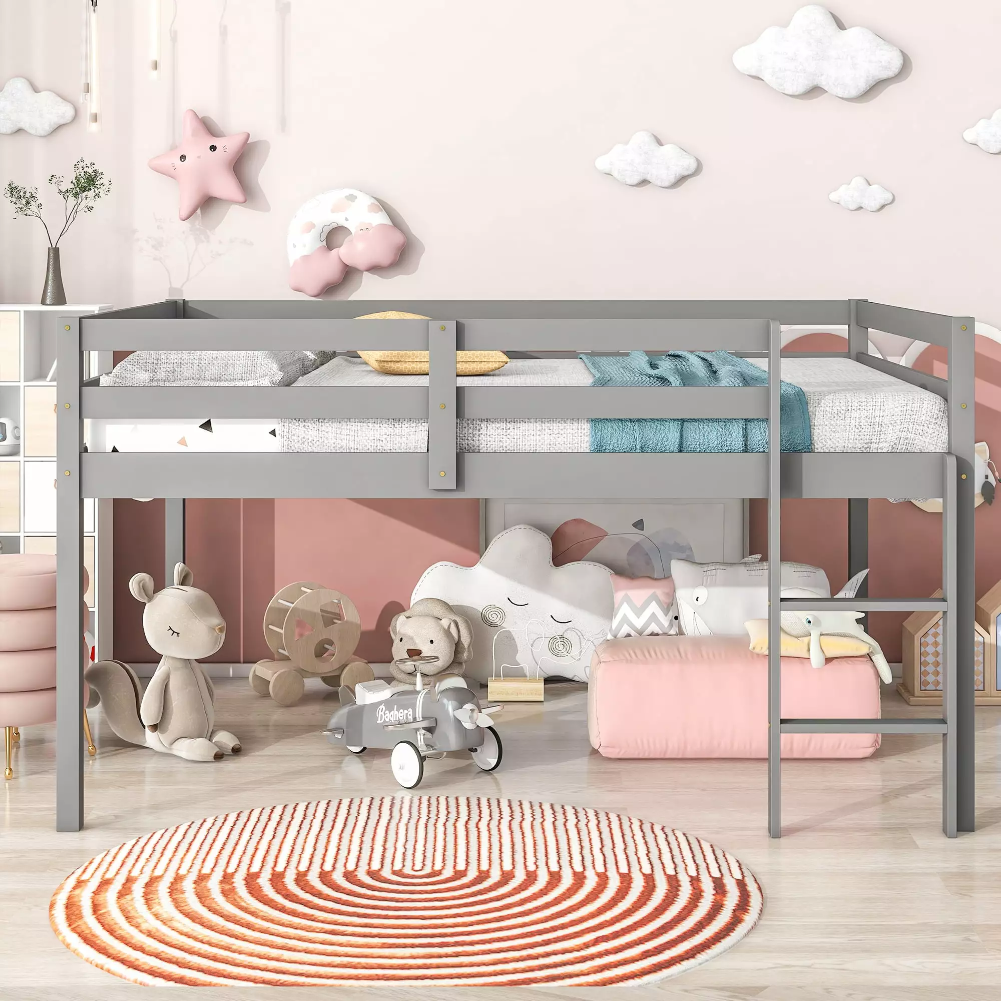 Gray Full Size Low Loft Bed Underbed Storage Ladder Solid Wood Frame Protectty Guardrail Slats Support No Box Spring Neede...