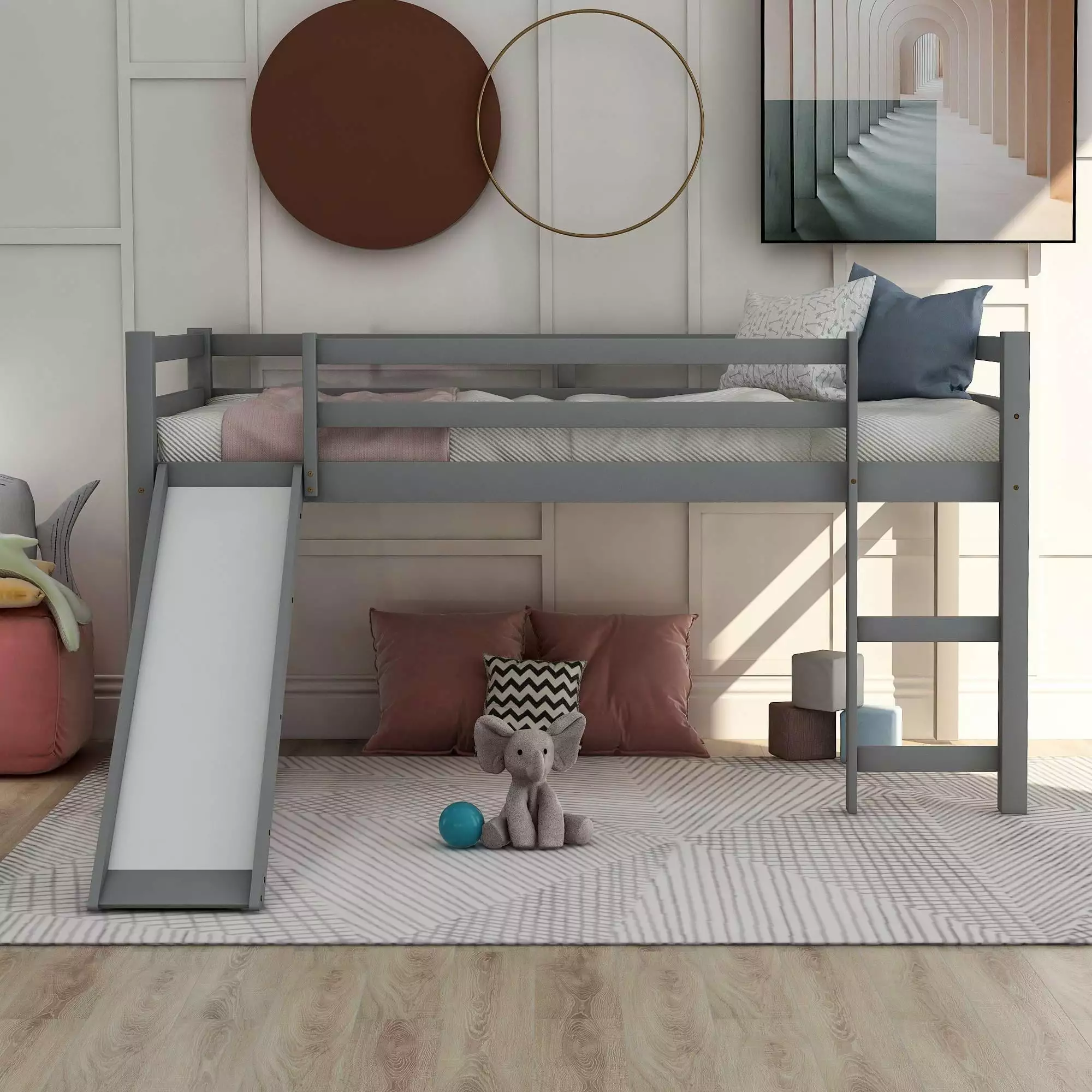 Kids Loft Bed Slide and Ladder Multifunctional Design Twin Size Gray Triple Tree