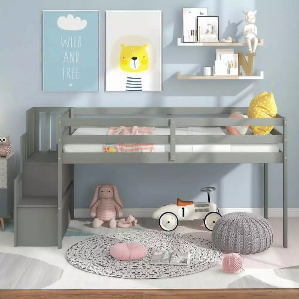 Low Loft Bed Staircase Twin Size Kids Loft Bed Step Storage Wood Loft Bed Frame Guardrails Girls Boys Triple Tree