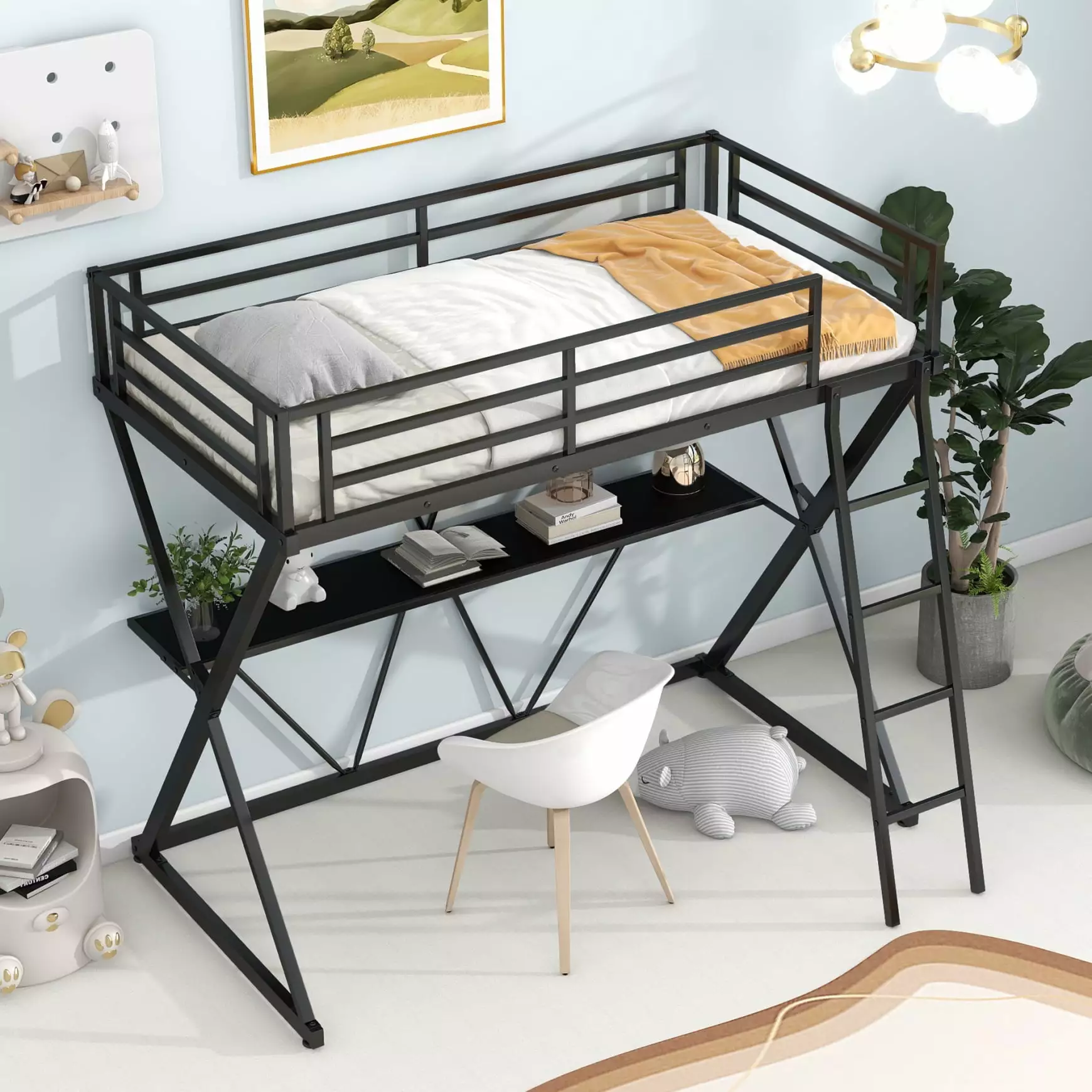 Metal Loft Bed Desk Twin Size Ladder Full Length Guardrails Slat Support Noise Free Black Gray Triple Tree