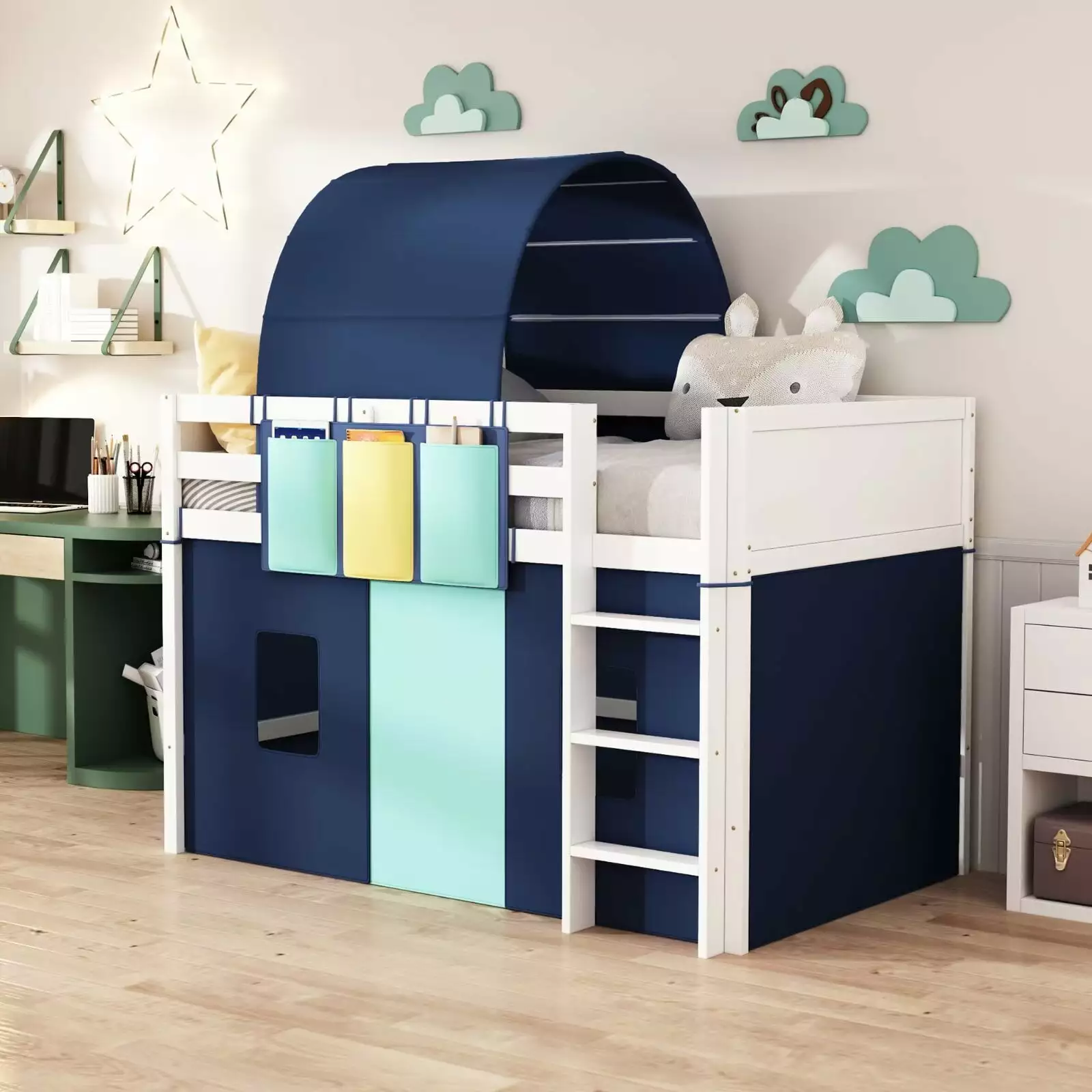 Playhoutilize Twin Size Loft Bed Tent and Tower Solid Wood Tent Bed Low Loft Bed Frame Kids Triple Tree