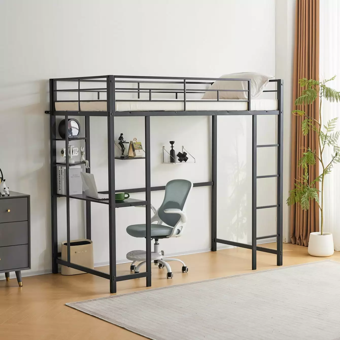 Twin Loft Bed Desk - Metal Loft Bed Frame Shelves Ladders and Guardrails Black Triple Tree