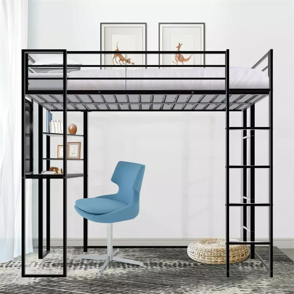 Twin Size Loft Bed Desk and Shelves Metal Loft Bed Frame Full-length Guardrails and 2 Ladders Space-Saving Loft Bed Boys G...