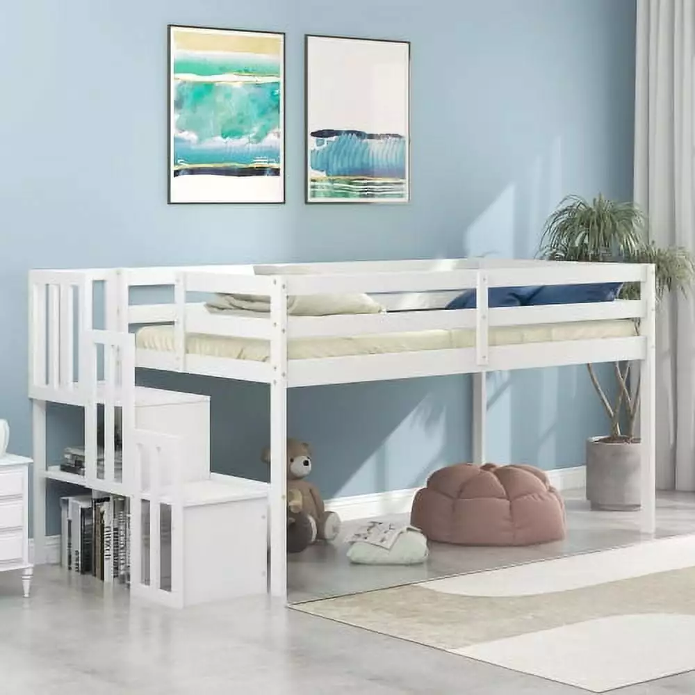 Twin Size Loft Bed Frame Staircase and 2 Storage Spaces Kids Teens White Triple Tree