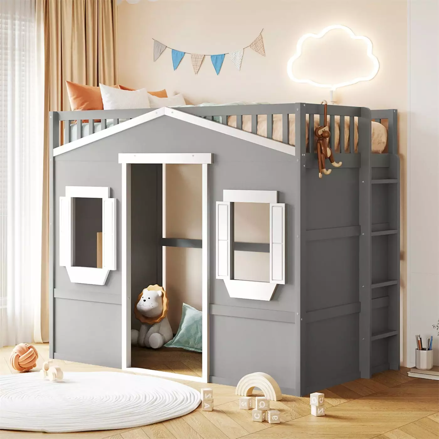 Twin Size Loft Bed Houtilize Shaped High Loft Built Ladder Gray White Playhoutilize Bed Windows Triple Tree