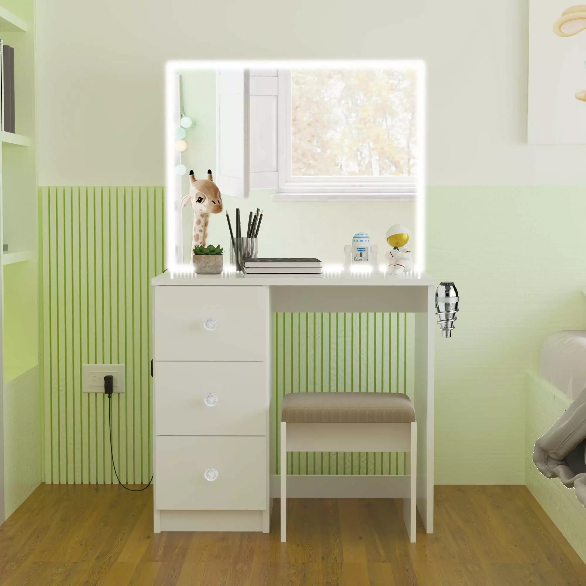 Ember Interiors Small Kids Makeup Desk Vanity LED Lights Makeup Chair Crystal Ball Knobs White