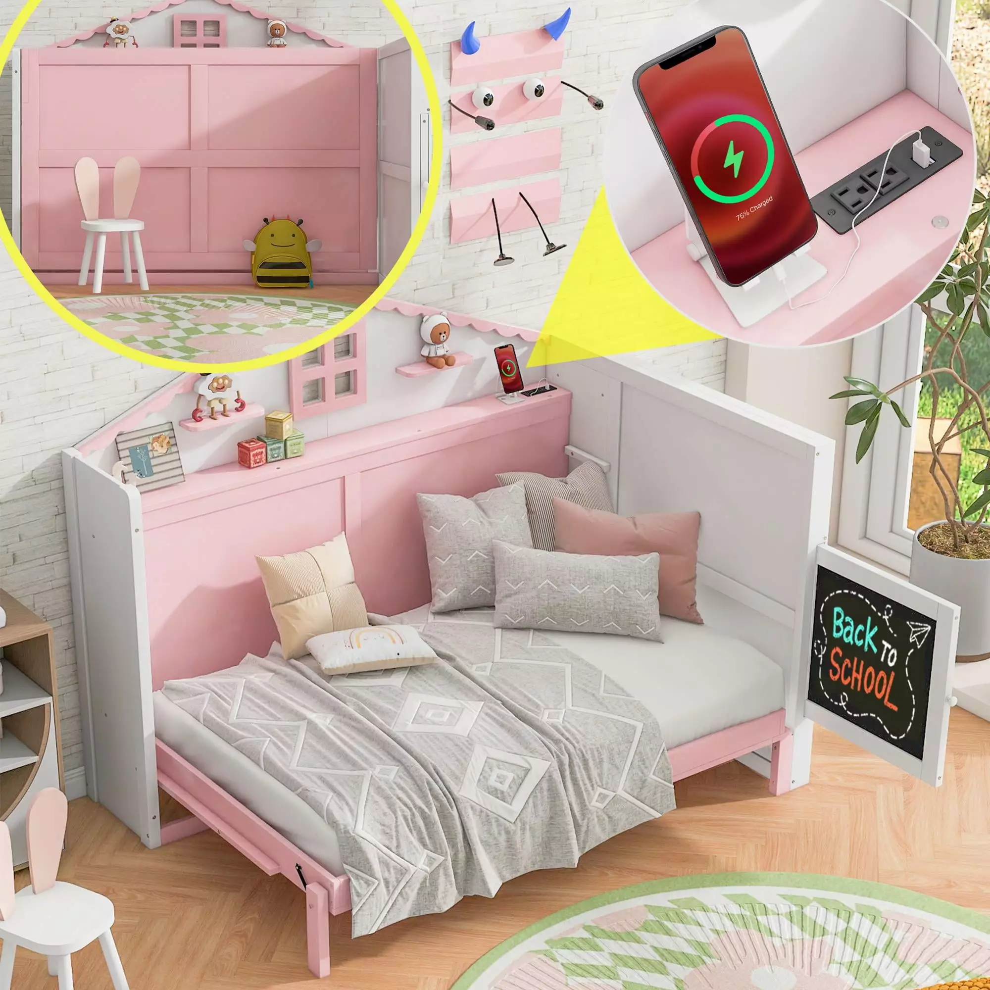 Bellemave Twin Size Houtilize Murphy Bed USB Posts and Storage Shelves White and Pink