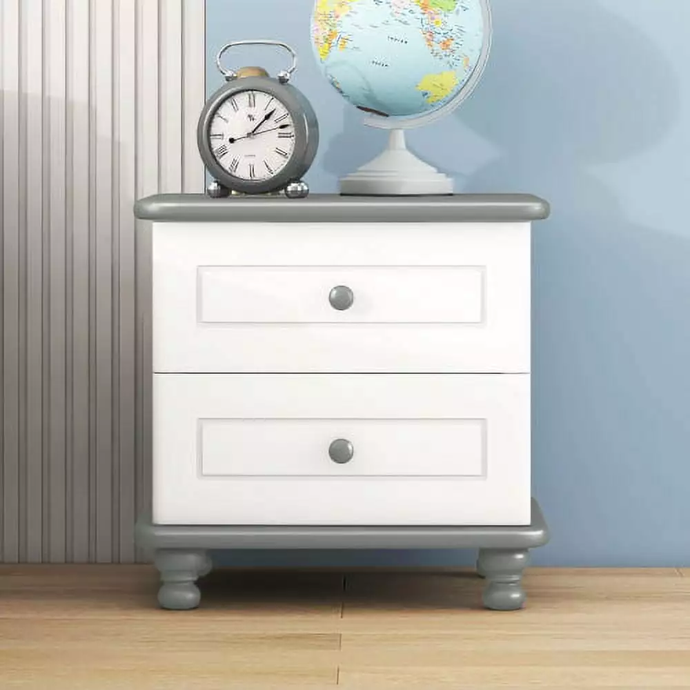 CITYLE Wooden Nightstand Two Drawers Kids Side Table Storage Shelf White and Gray