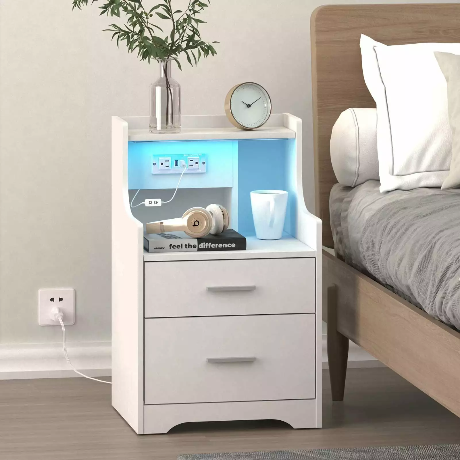Veanerwood Nightstand Charging Stand LED Lights 2 Drawer Kids Bedroom Nightstand White