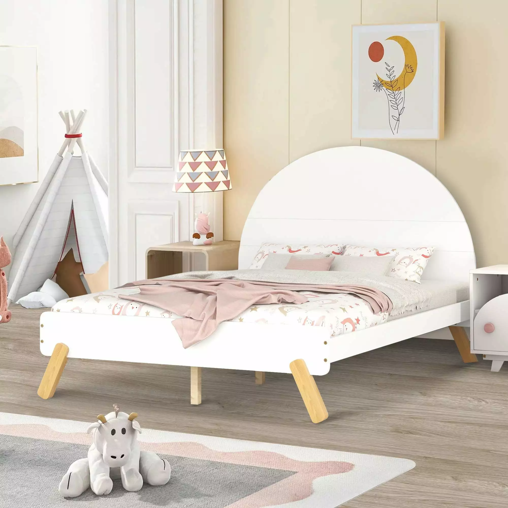 Aukfa Full Size Platform Bed Kids Semi-circular Headboard Wooden White
