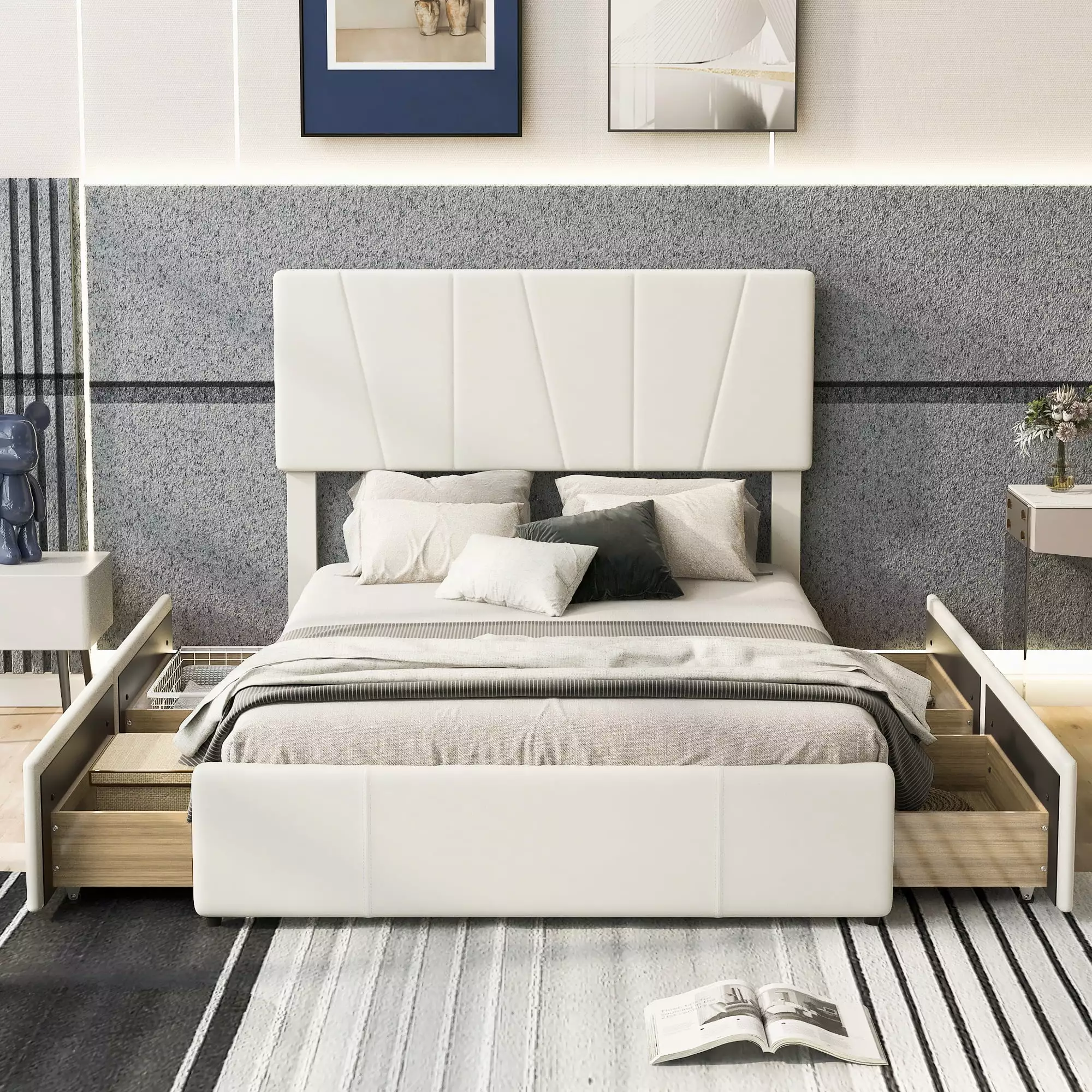 EUROCO Upholstery Full Size Platform Bed 4 Drawers Kids Room - Beige