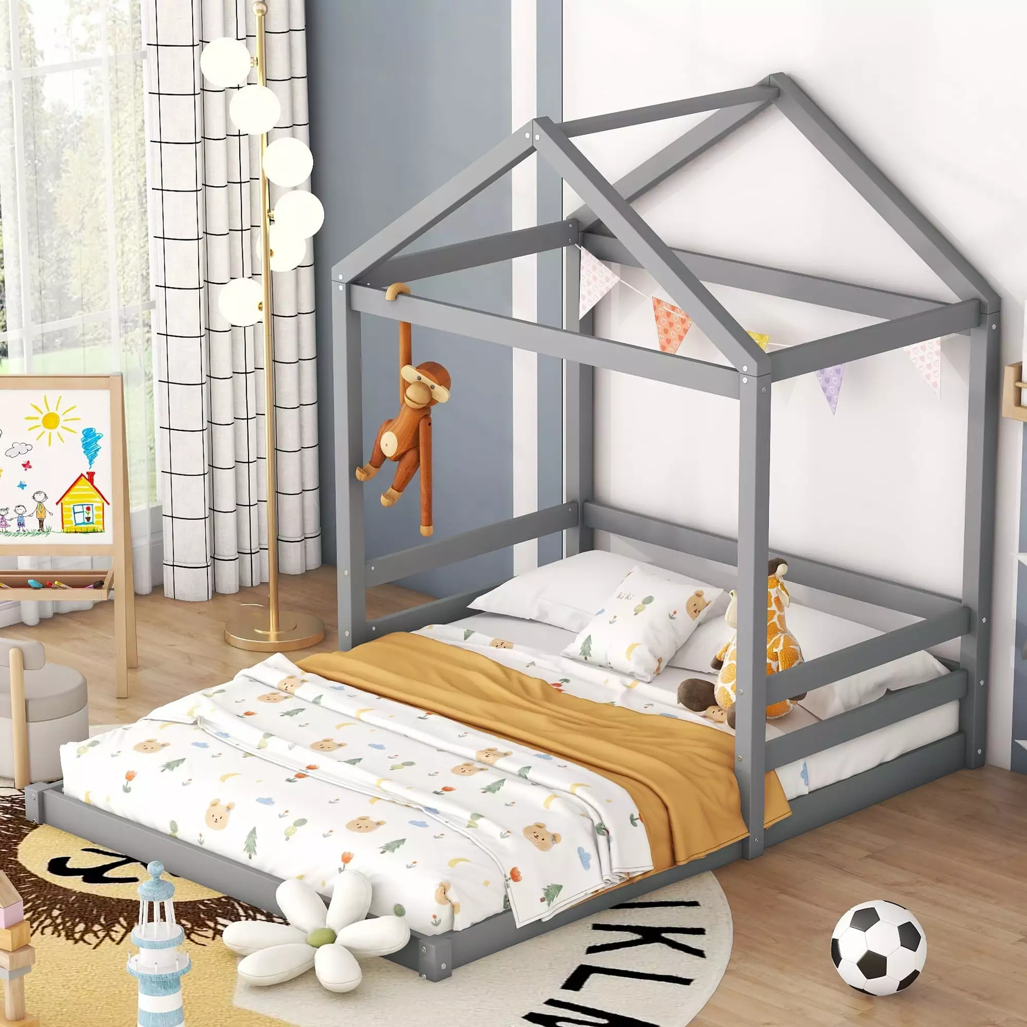 Euroco Wood Full Size Houtilize Bed Roof - Floor Platform Bed Guardrails Bedroom - Gray