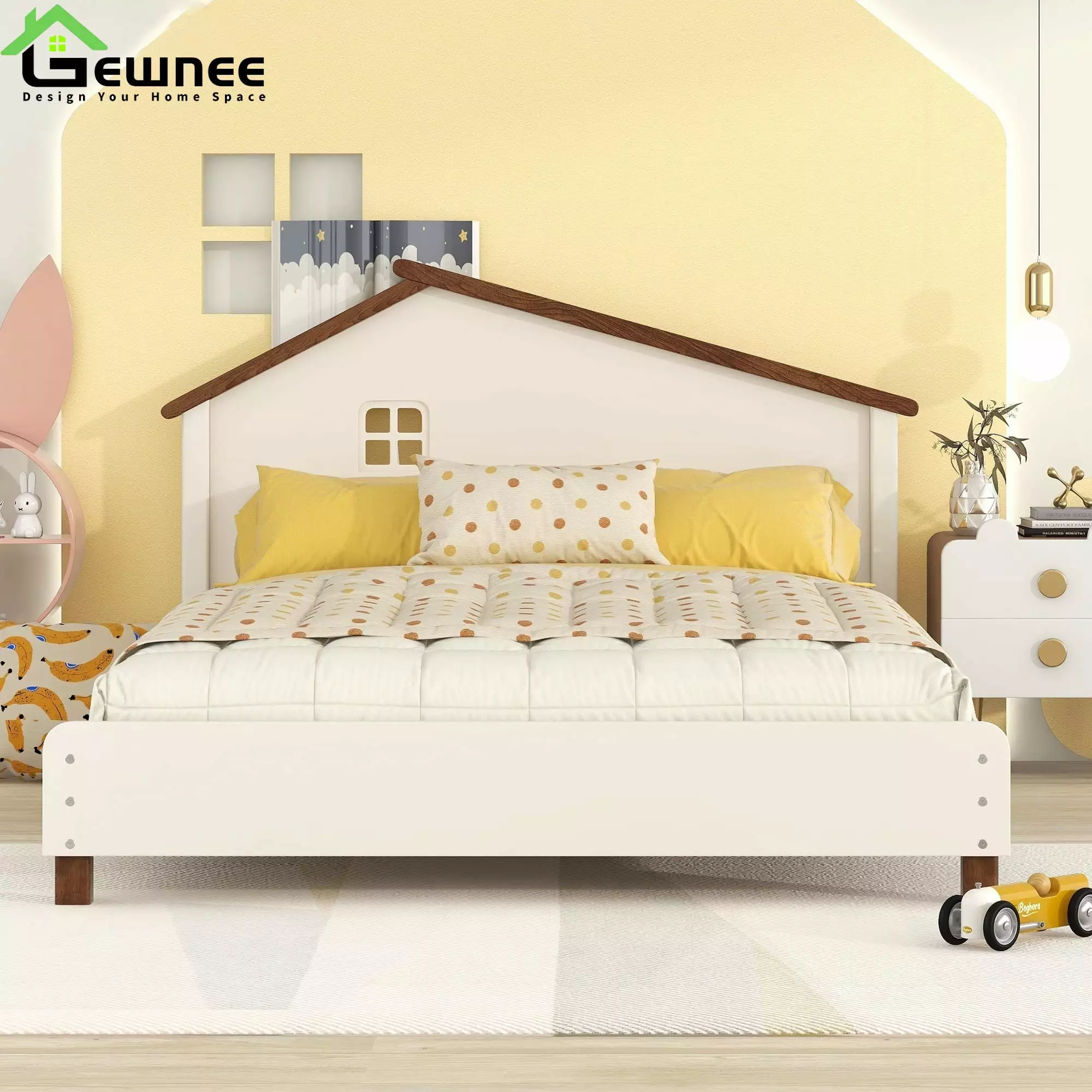 Gewnee Full Size Wood Platform Bed - Kids Platform Bed Frame Houtilize Shaped Headboard - Cream