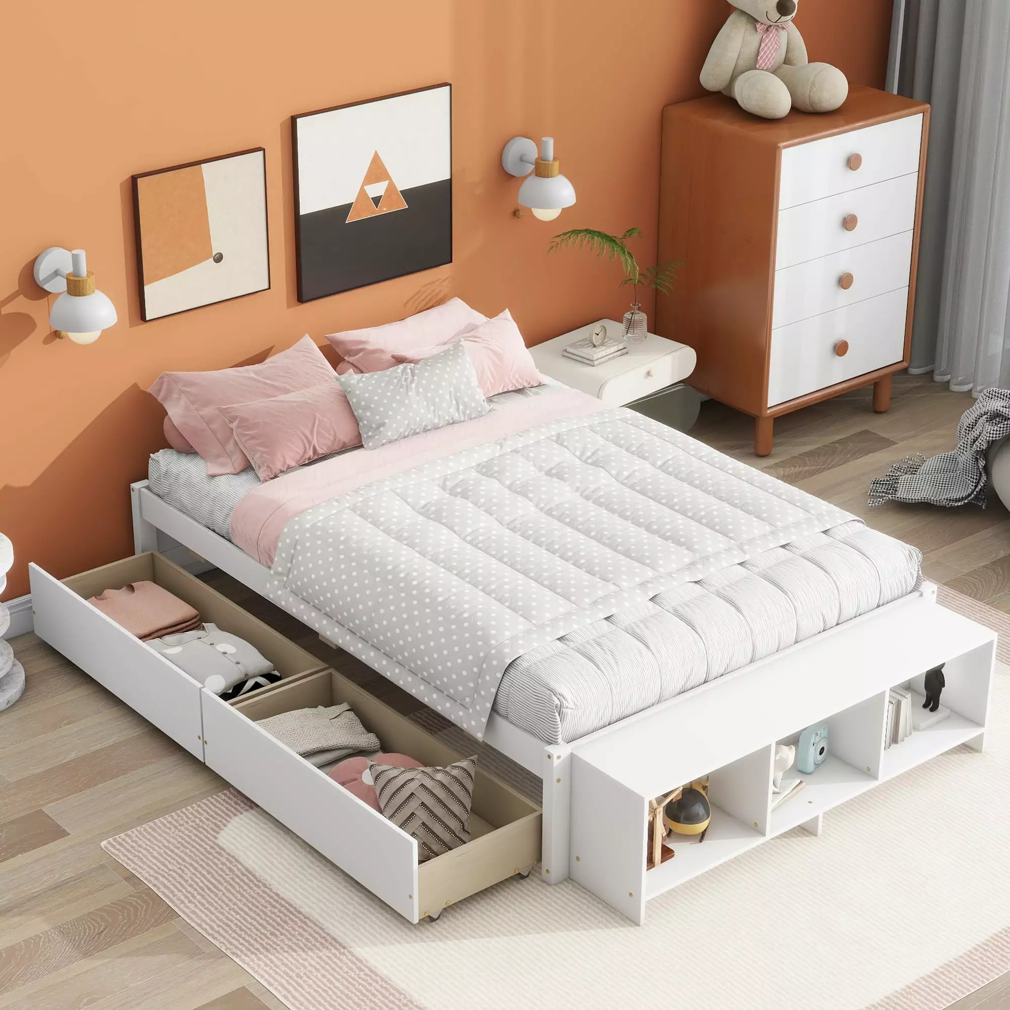 Gewnee Wood Full Size Platform Bed Two Drawers and Storage Shelves Kids White