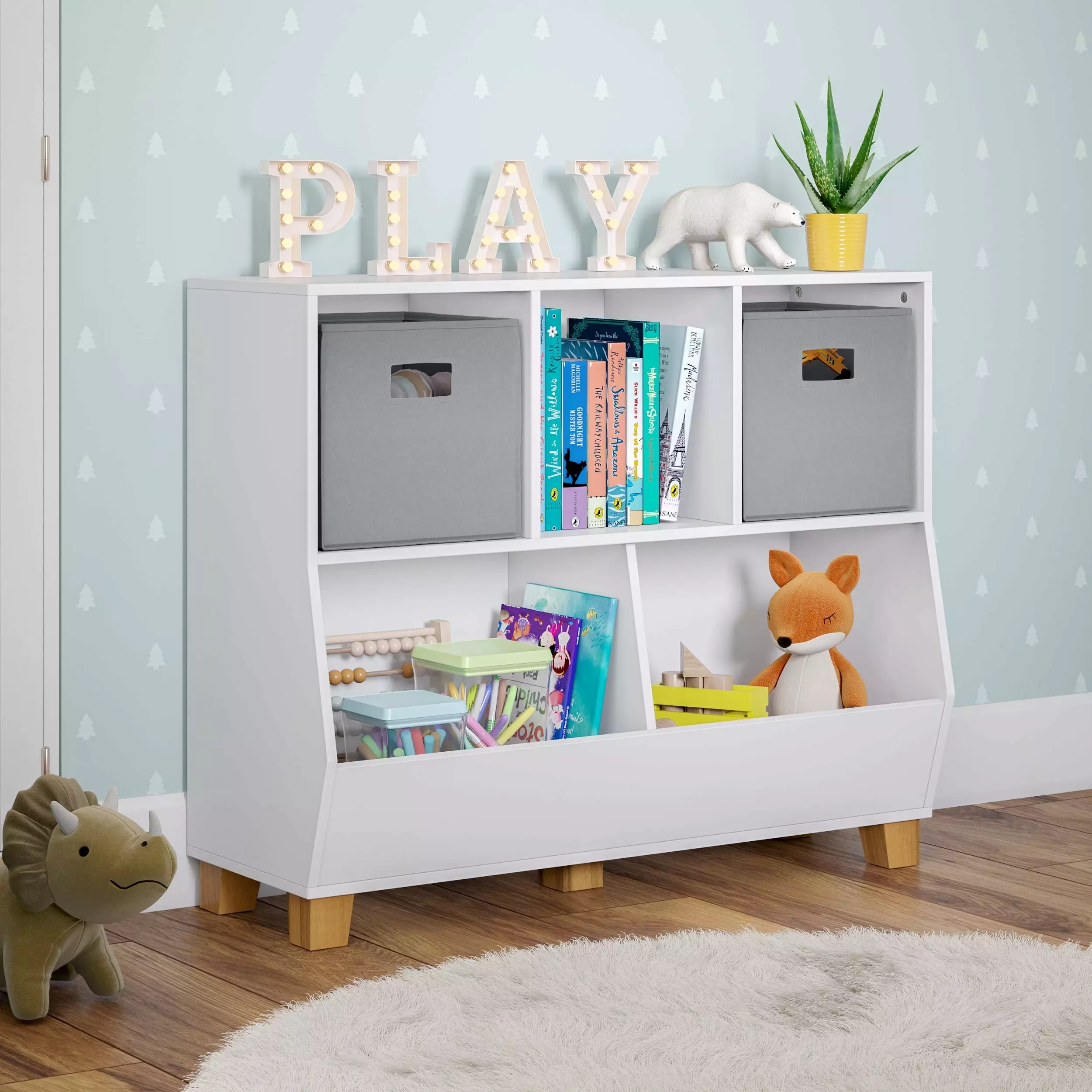 RiverRidge Kids Catch-All Playroom 35in Toy Storage Arranger 3 Cubbies and 2 Storage Compartments White
