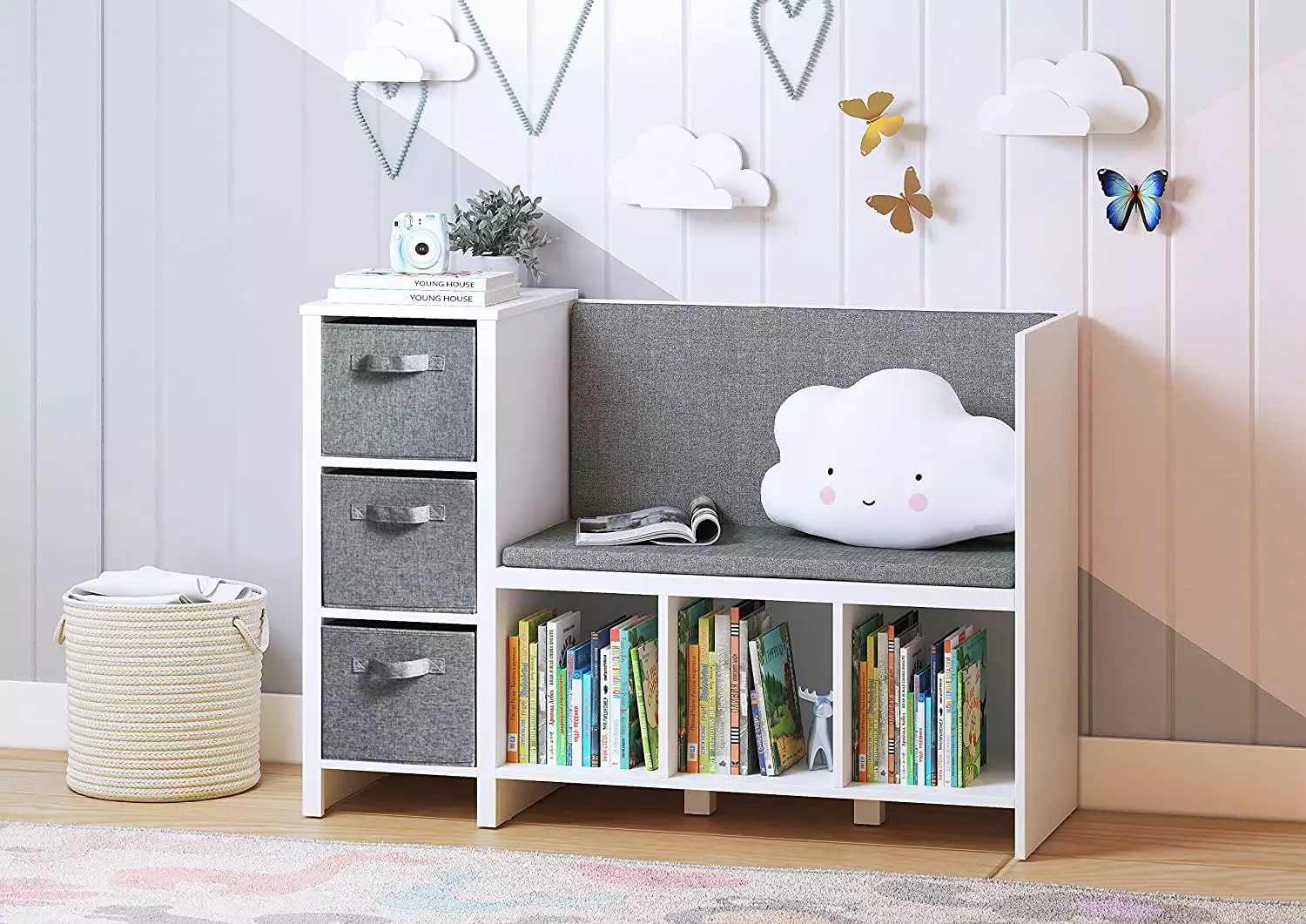 UTEX Kids Bookcase Reading Seat and 6 Cubby Toy Storage White