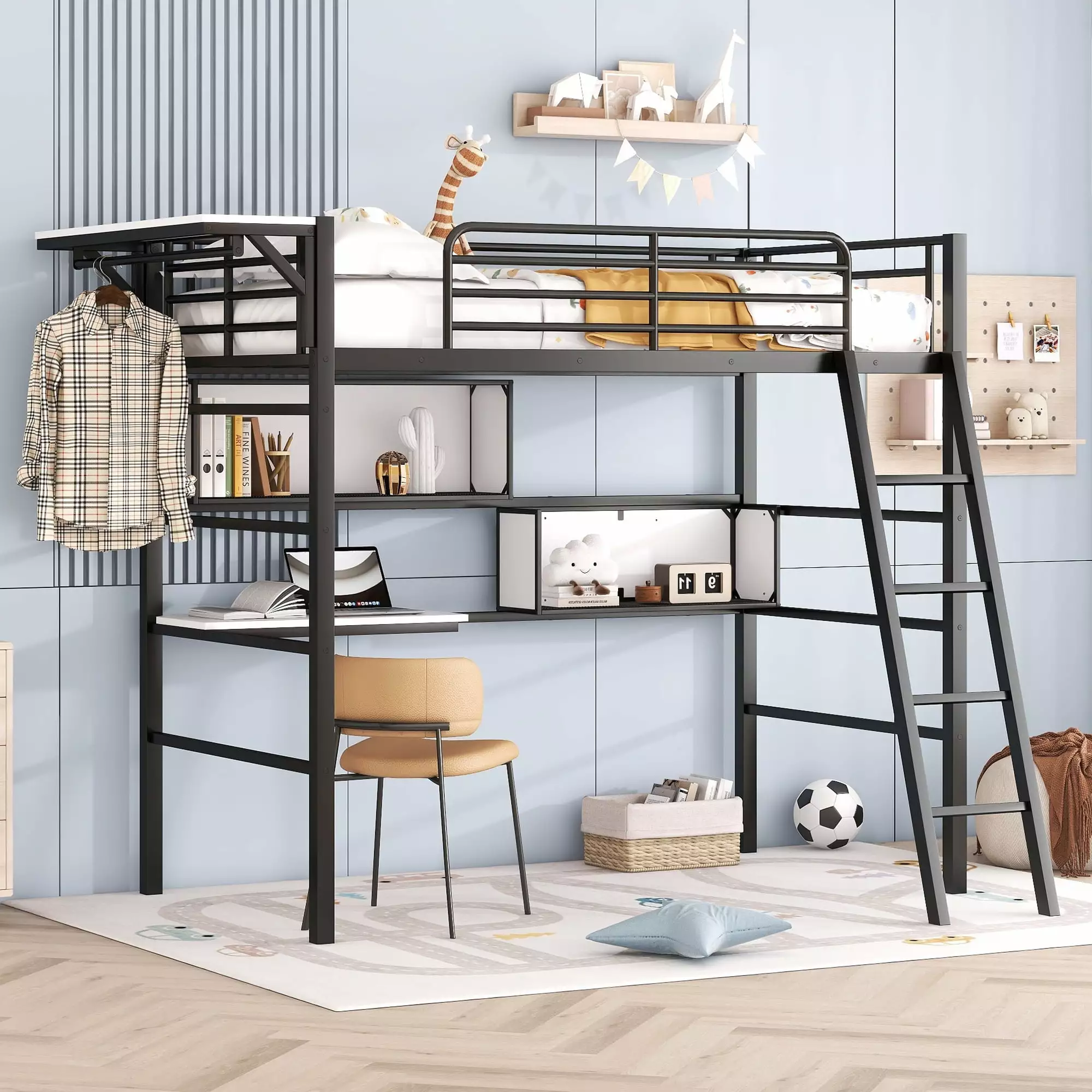 Euroco Metal Twin Size Loft Bed Desk, Shelf, and Clothes Hanger Black & White