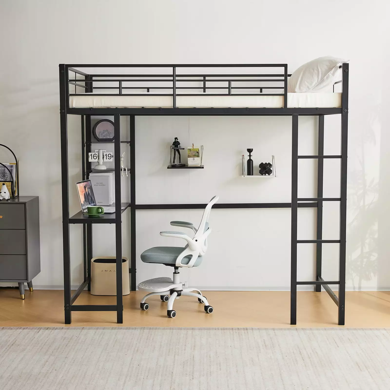 Ktaxon Twin Loft Bed Desk and Shelves Kids - Space-Saving Black Bunk Bed