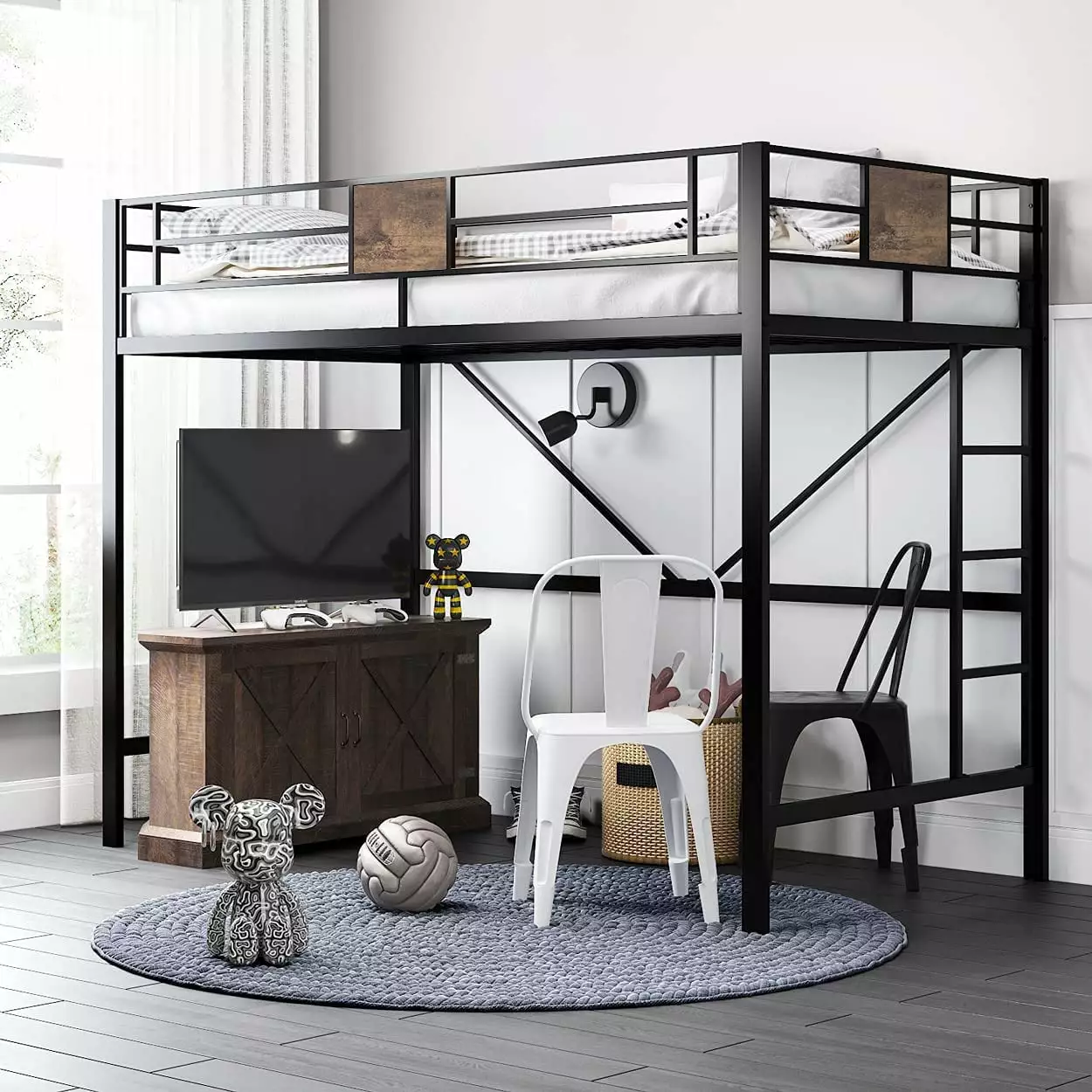 SHA CERLIN Metal Twin Size Loft Bed Frame Stairs and Full-Length Guardrail Teens and Kids Black