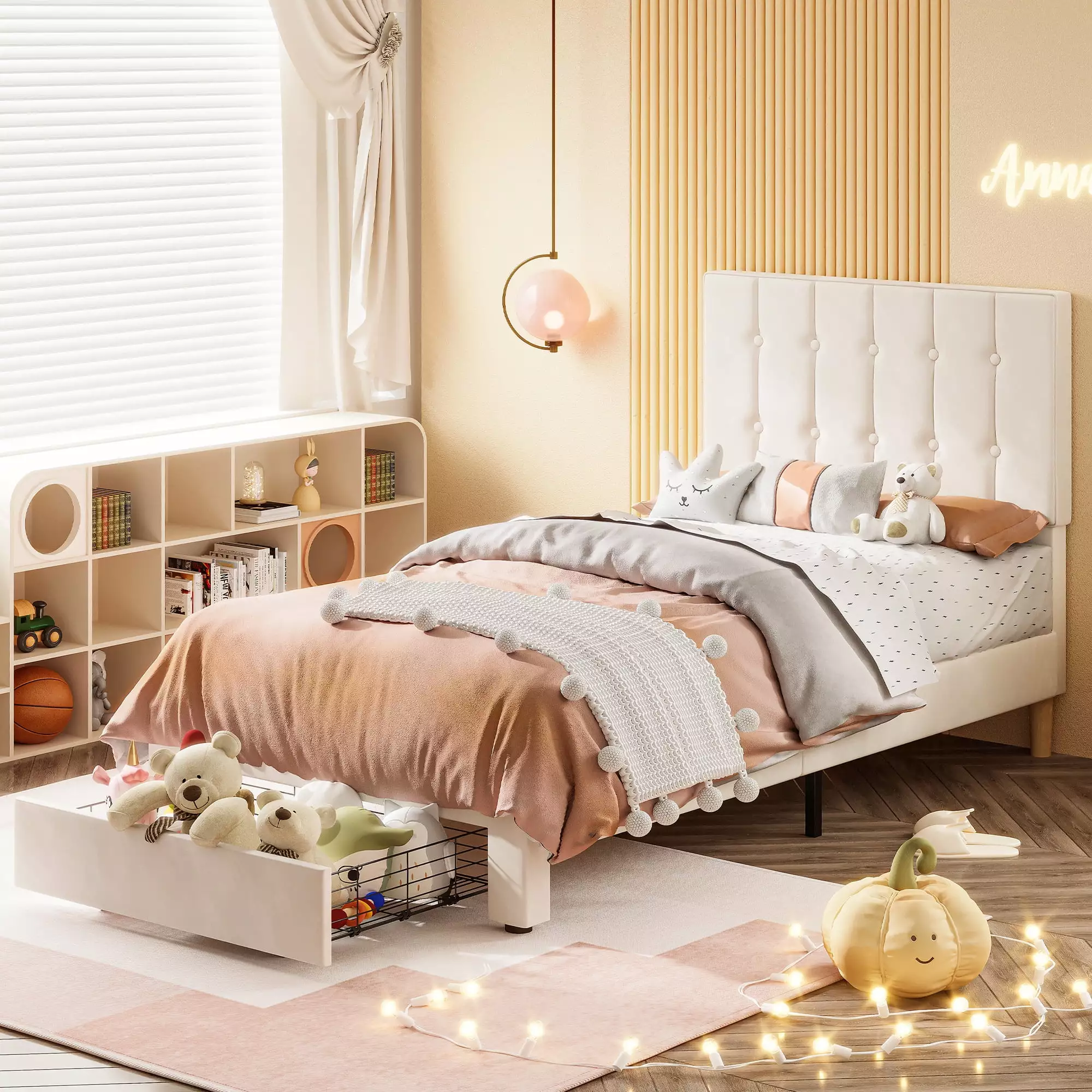 LIKIMIO Twin Bed Frame Kids Storage Drawer Velvet Upholstered Headboard Beige