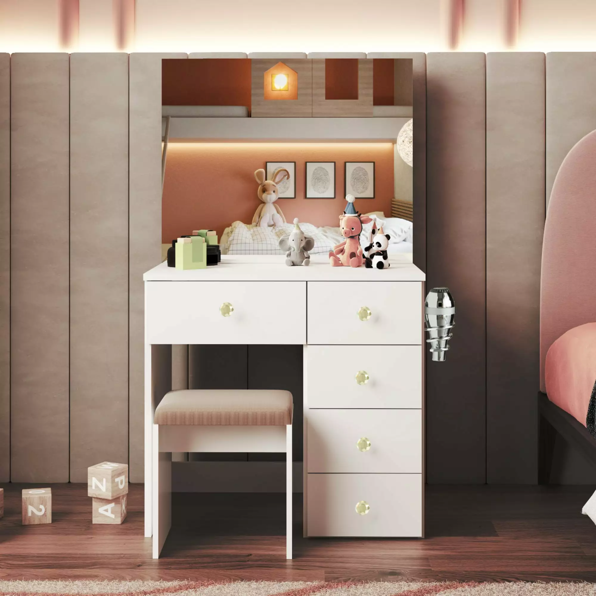 Ember Interiors Small Kids Vanity Table Set Chair Mirror and Gold Crystal Knobs White
