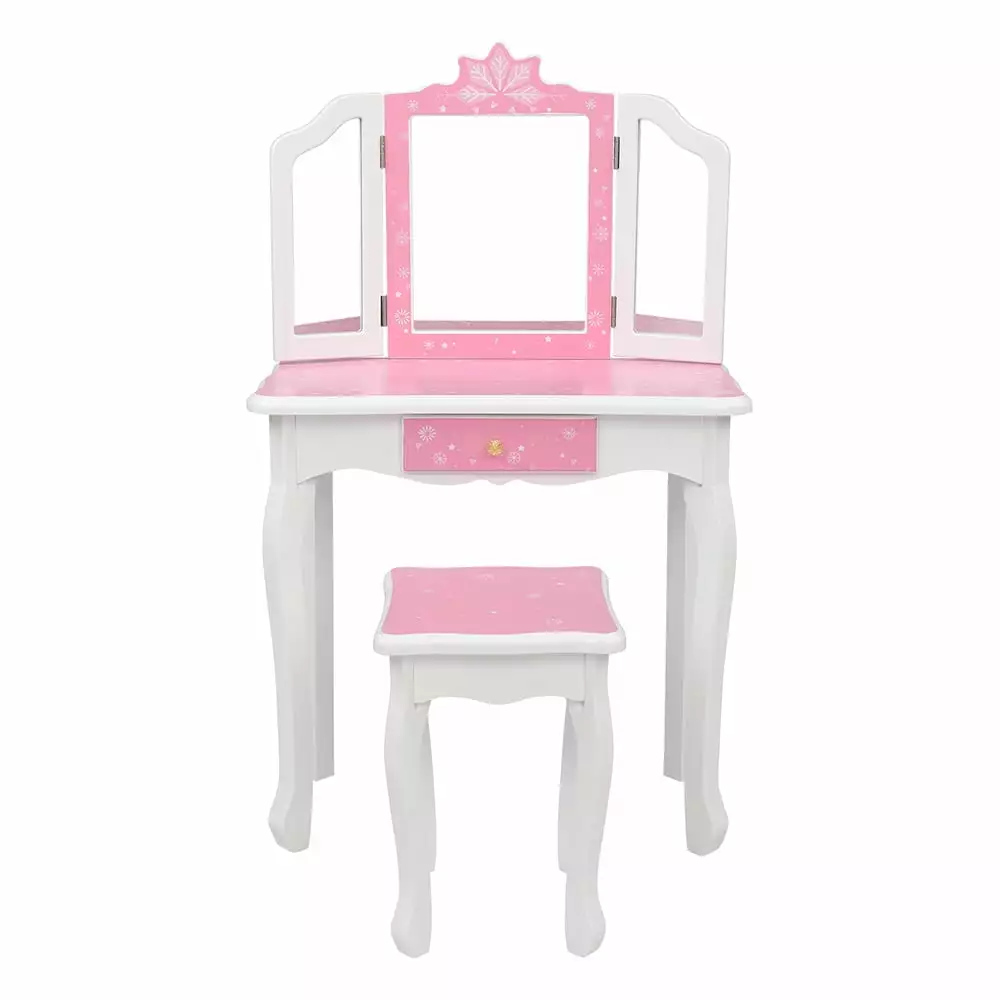 Tcbosik Children's Wooden Dressing Table Set Stool and Tri-Folding Mirror Pink